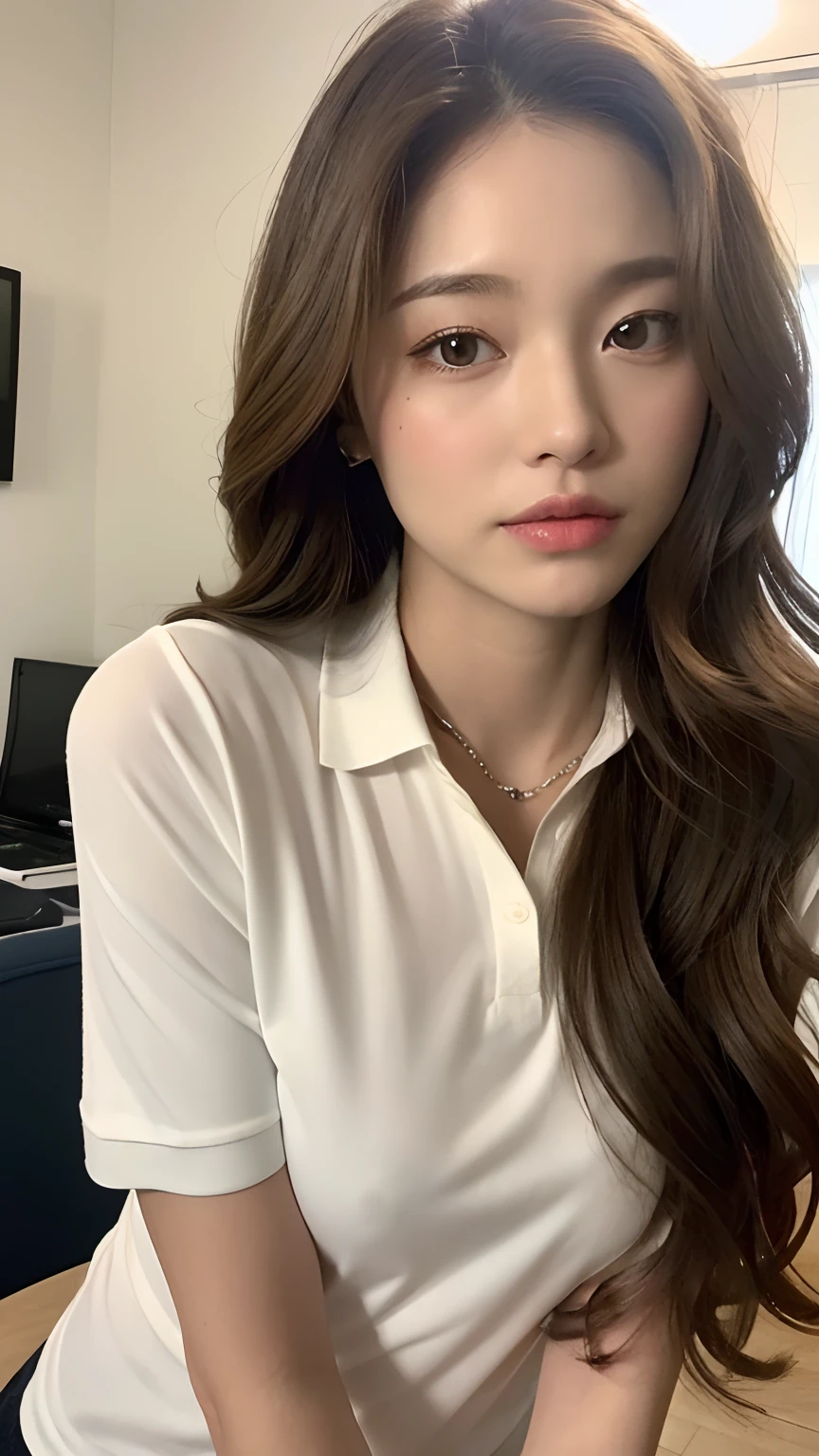 ((best qualtiy, 8K, tmasterpiece:1.3)), Focus:1.2, perfect figure beautiful woman:1.4, Cocked buttocks:1.2, ((Random Long Hairstyle) ((Brown Wavy Hair))(Long white legs:1.3,(Polo shirt:1.2) , (inside in room: 1.2), Highly detailed facial and skin texture, A detailed eye, 二重まぶた,Whiten skin,(Straight big breasts:1.3), looking at camera, Wear a necklace,