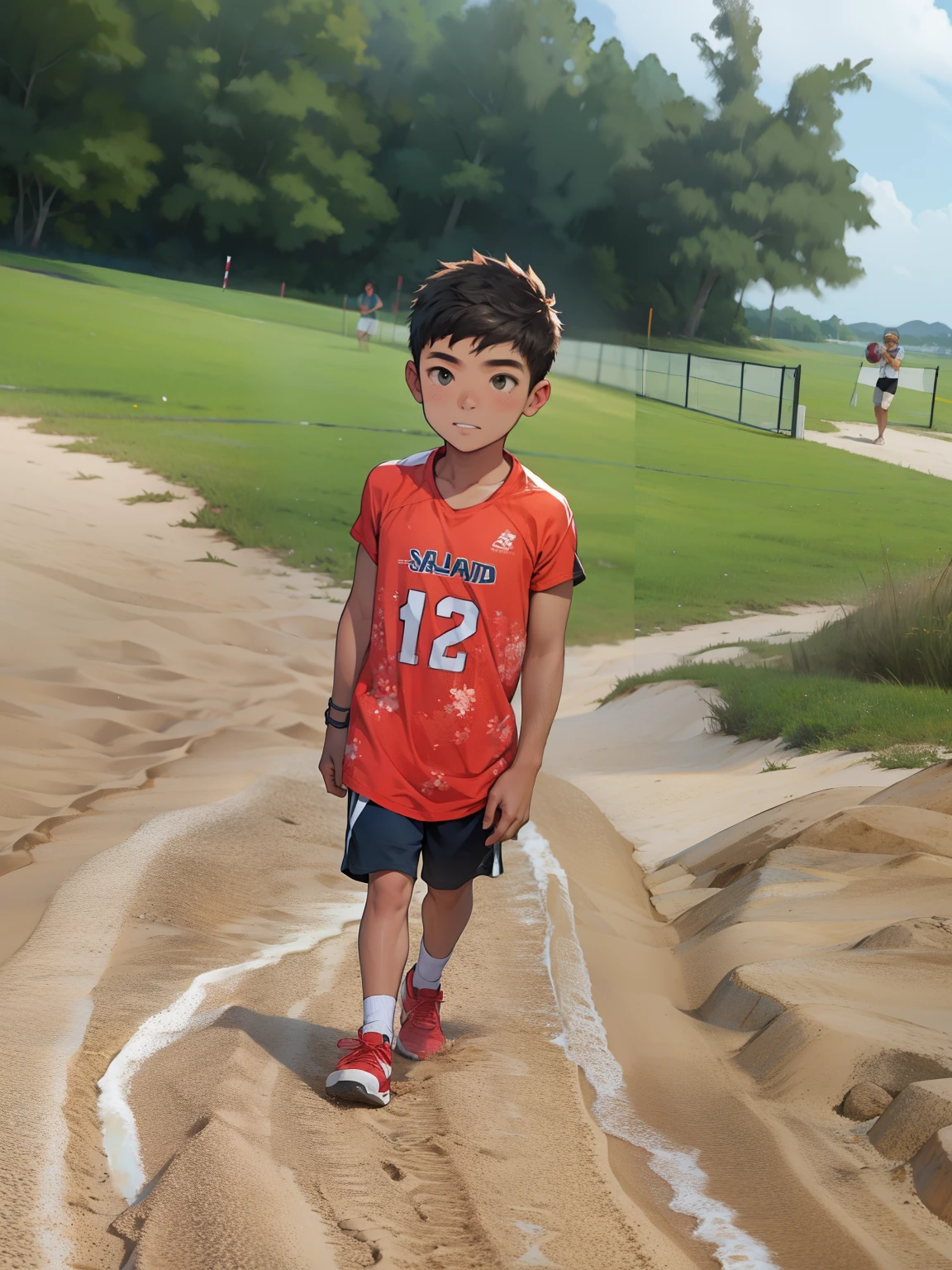 A boy plays volleyball,sandbeach