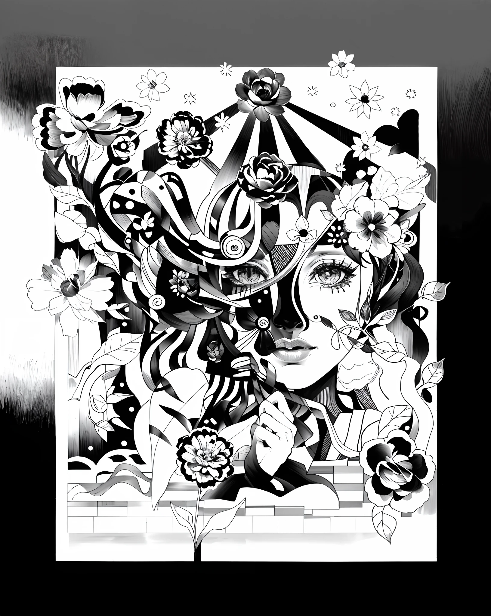 Black and white line drawing,Only the lines are black,The rest is white,Flowers account for the largest proportion
