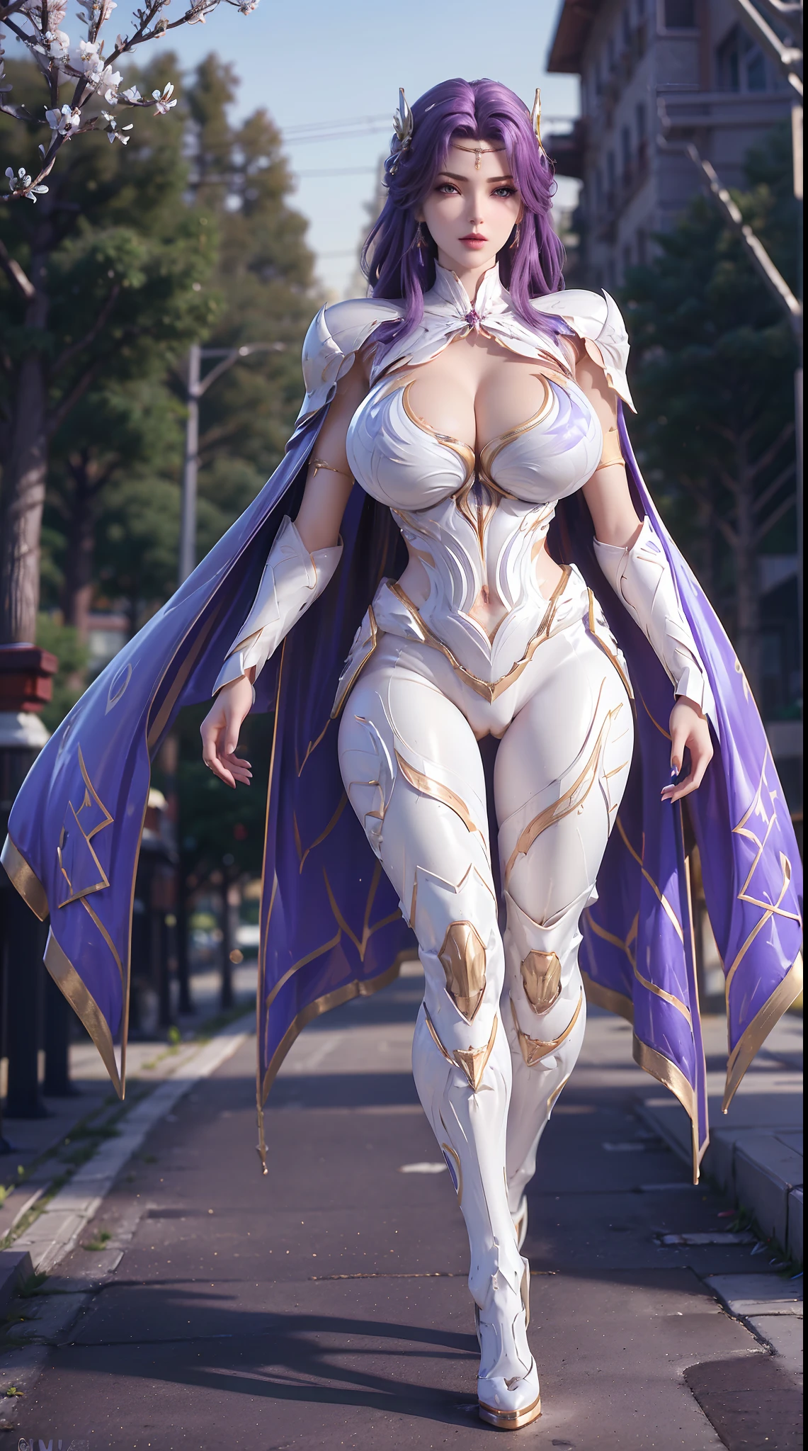 1GIRL, SOLO, (ssmile, makeup, beautifull eyes, red libs, gold ornament hair), (HUGE FAKE BOOBS:1.3), (GUARD ARM), (white, purple, blue, FUTURISTIC MECHA ARMOR SUIT, ROYAL CAPE, CLEAVAGE, SKINTIGHT YOGA PANTS, HIGH HEELS:1.5), (SLENDER BODY, SEXY LONG LEGS, FULL BODY:1.5), (LOOKING AT VIEWER:1), (WALKING DOWN ON STREET NIGHT CHERRY TREES:1.3), PHYSICALLY-BASED RENDERING, ULTRA HIGHT DEFINITION, 8K, 1080P.