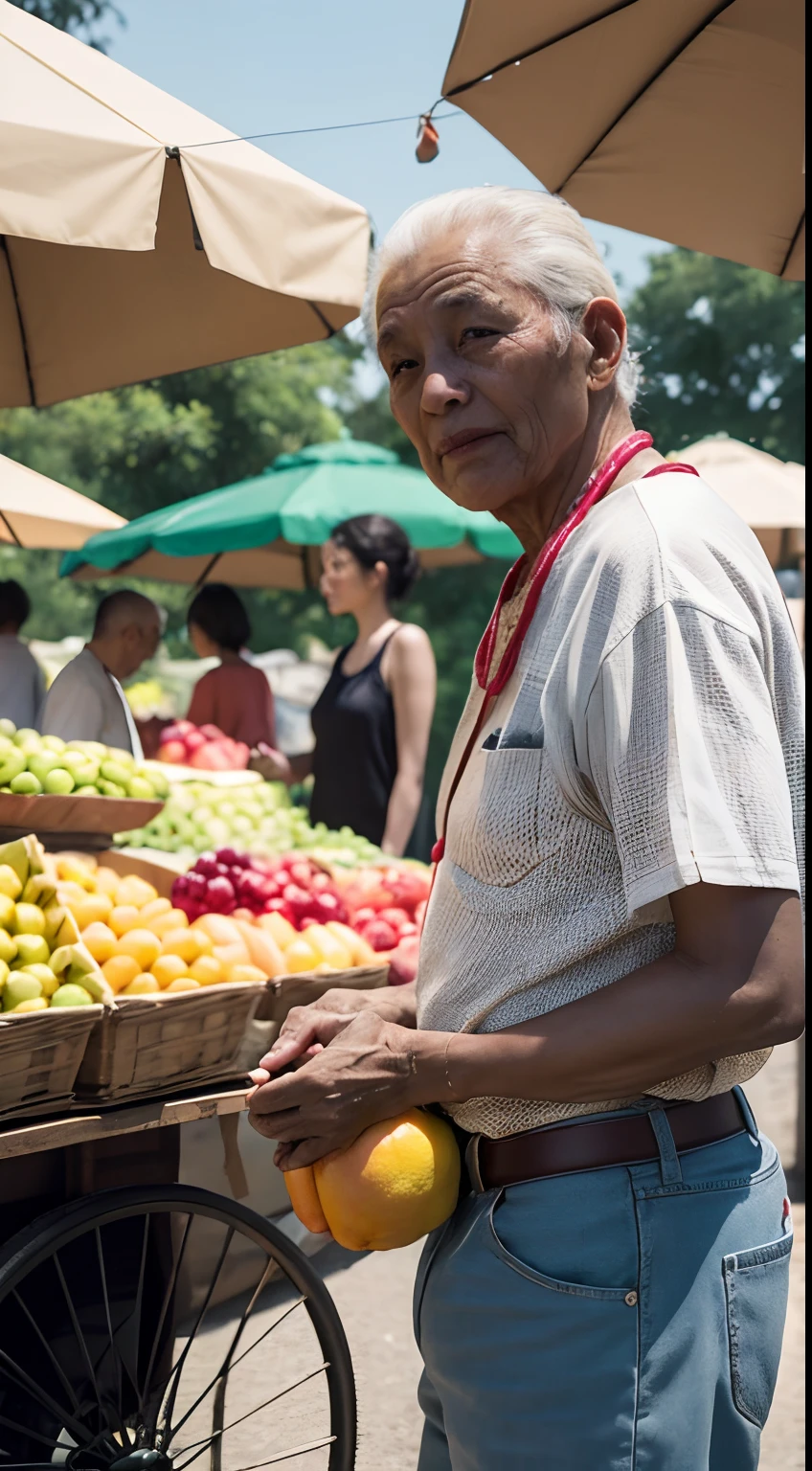 An old man sells a variety of fruits in a bustling marketplace. The vibrant colors of the fruits catch the eye of passersby. He carefully arranges the fruits on his weathered wooden cart, making sure each piece looks fresh and delicious. The sweet aroma of ripe pineapples and juicy oranges fills the air. The old man wears a gentle smile as he interacts with customers, offering samples of his mouthwatering produce. People of all ages gather around, eagerly munching on the luscious fruits. The scene exudes a casual and relaxed atmosphere, with everyone enjoying the simple pleasure of eating fruit in their tiny shorts. The empathetic expressions on people's faces reflect their enjoyment and appreciation of the moment.
Medium: Realistic painting, detailed fruits
Additional Details: Lively marketplace, vibrant colors, wooden cart, weathered appearance, bustling crowd, ripe and juicy fruits, sweet aroma, gentle smiles, samples offered, various ages, tiny shorts
Image Quality: (best quality, highres), ultra-detailed, realistic
Art Style: Casual
Color Tone: Vivid colors
Lighting: Warm, natural light