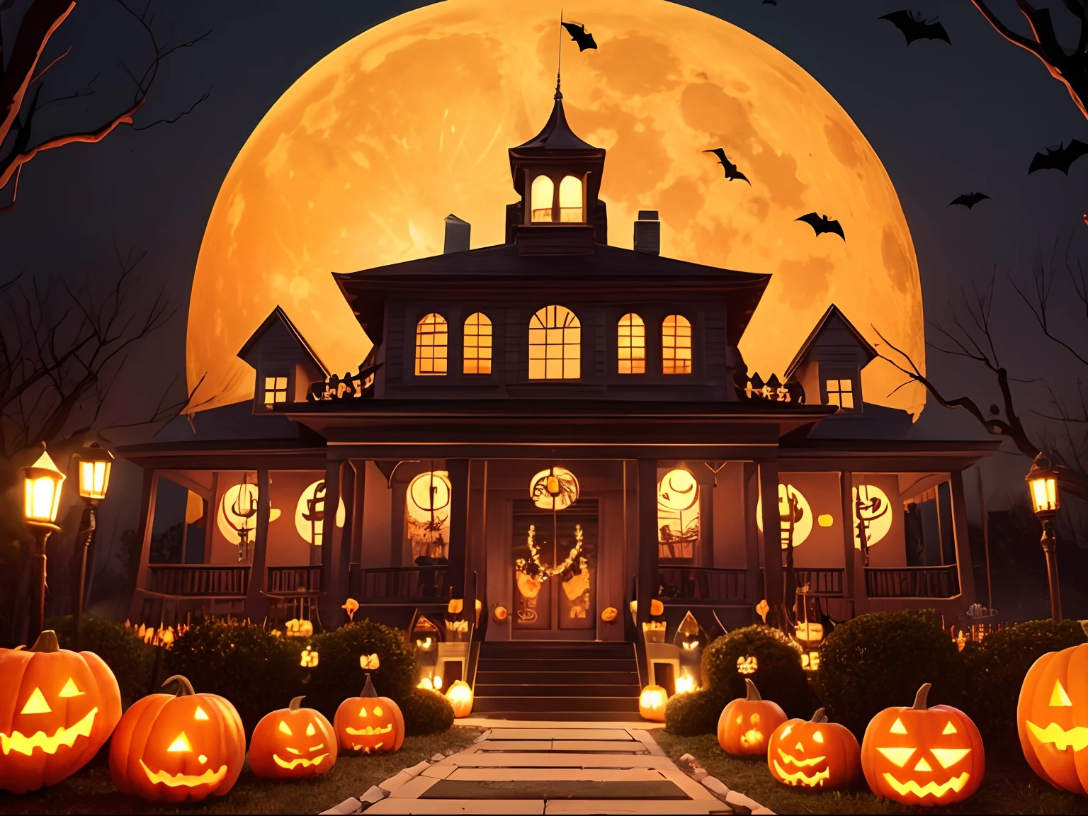 Halloween、Background with、busy、an orange、A black、chandelle、squash、the bats、Party、Fun、candy、candy、comical、fullmoon