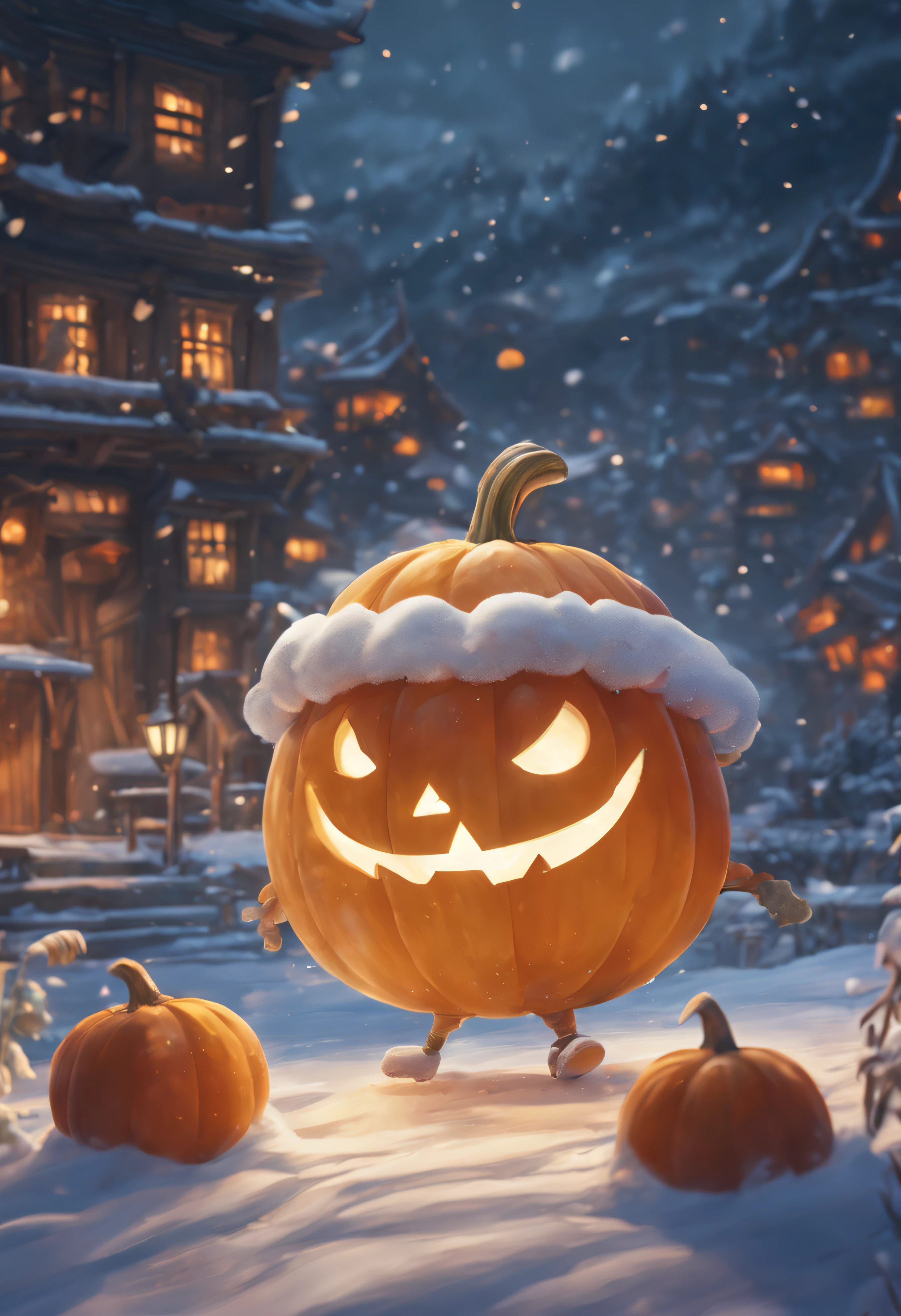 In winter,A cute little cream pumpkin dancing in the snow,It has round eyes,Small mouth,Cream-colored skin。Energetic pumpkin villains jumping on snow,The warm colors contrast with the icy snow。Behind the villain,It is a huge pumpkin shaped house,It echoes the villain。(Best Picture Quality,hyper-high detail:1.2),Vivid and vivid colors,Natural light,Dynamic dance,Winter scenery,Pumpkin-shaped design,Cosy atmosphere