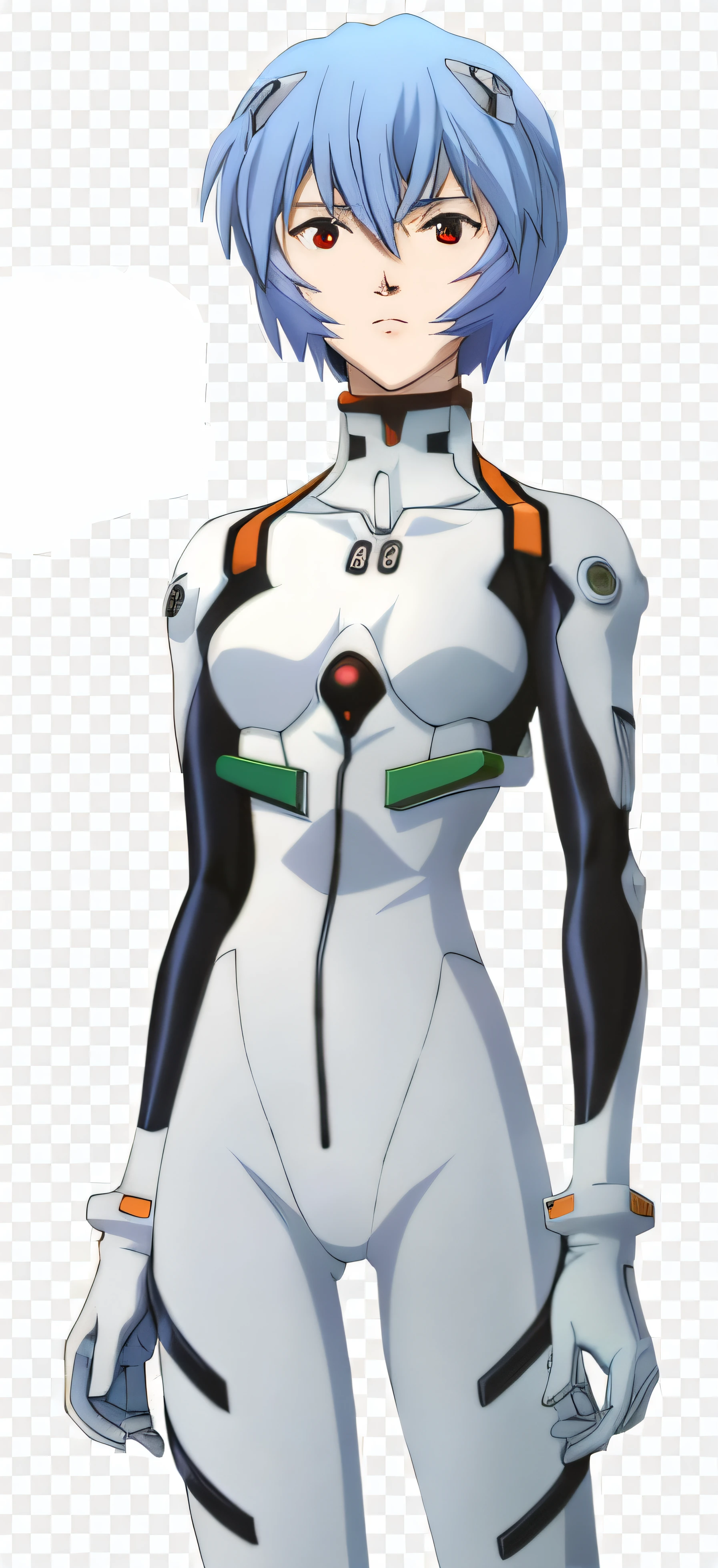 una mujer con un traje blanco con cabello azul y un cuello verde y negro, pupilas rojas,Anime Cyborg, Reconstruction of Evangelion 1 0 8 0 P, Perfecto Anime Cyborg mujer, Zenkai de cuerpo completo! Traje de Rei, Estilo Neon Genesis Evangelion, Inspirado en Evangelion Third Impact, Traje de Rei ayanami a debajo de la ropa!, cuerpo cyborg ginoide, De Evangelion, Ayanami