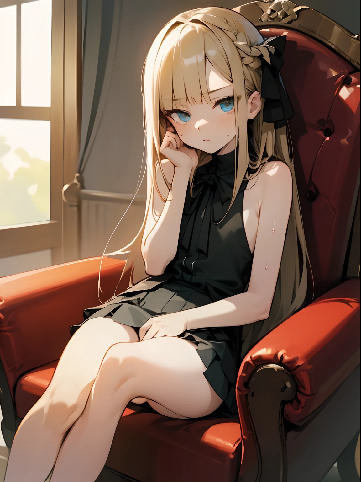 Reines, 1girl, high quality, best quality, illustration, masterpiece, (highly detailed:1.2), (extremely detailed:1.3), unbuttoned pajamas, (Shirt Unbuttoning: 1.5), sleeveless undergarments, young girl, shortpants, braid, petite, loli, sweaty, hot summer, sitting on chair, slender thighs, in a house