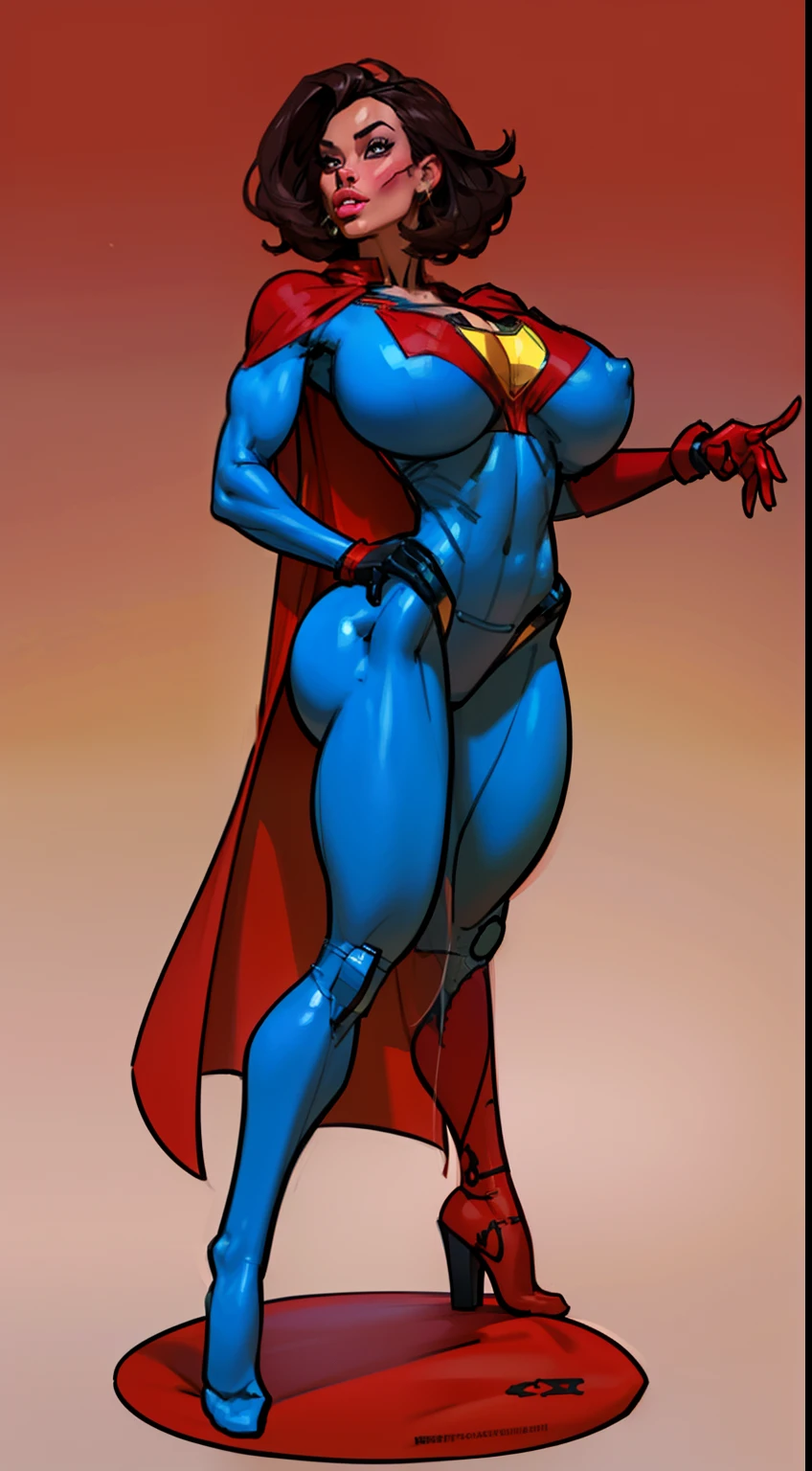((masterpiece)),(((best quality))),((character design sheet)), ((full body view)) illustration,(female superhero), muscular, ((blue bodysuit:1.5)), superhero, (dark brown hair:1.2), (red cape:1.5) ((detailed face:1.4)) beautiful woman, (small head:1.2) ((gigantic breasts:1.6)) (red thighhighs:1.3)(messy hair:1.4), (blunt buzzcut:1.4), (long sideburns:1.4), shiny skin, (yellow logo on chest:1.4)(puffy lips:1.5), (full lips:1.4) (wide hips:1.3), hip dips, detailed lips, (red gloves:1.2) rough sketches, pose, 8k,16k, (simple background, white background: 1.3)