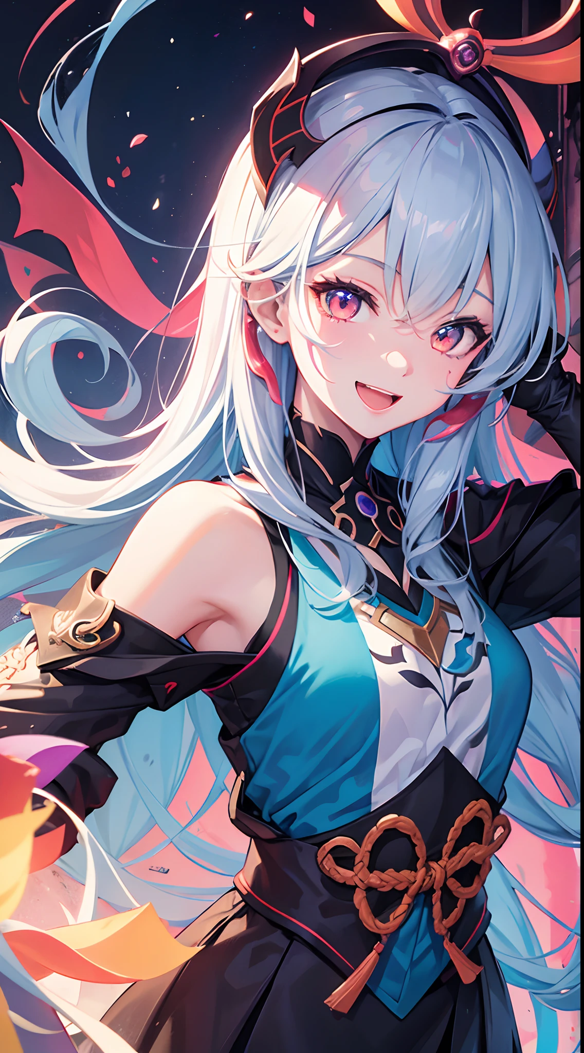 ganyudef, (mature face: 1.3), upper body, Graffiti face, colourful eyes, open mouth, yandere expression, smile, look at viewer, hand not visible, PastelColors, thinking, ask for hel