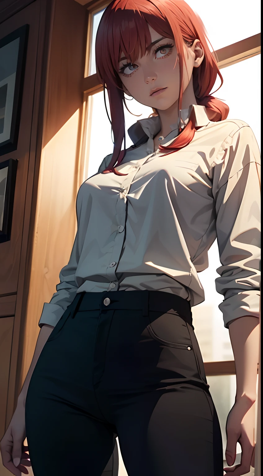 A girl, The character Makima from the anime series Chainsaw Man, fragile, makima, Beautiful figure, Skinny black pants, red hair, Orange Eyes, white shirt, sexypose, Realistic, Very detailed, handsome body, Detailed body, Detailed hands, Detailed, Vibrants, Detailed Face, Makima's character design. Very detailed, Detailed body, Detailed hands, Detailed Face, anime art, extremely detailed CG unity 8k wallpaper, detailed light, Cinematic lighting, chromatic aberration, glittering, expressionless, epic composition, dark in the background, Cherecter Desing, Very detailed, Detailed body, Vibrants, Detailed Face, sharp-focus, anime art, Vibrants, Detailed Face, Hugh Details, sharp-focus, Very drooping face, A detailed eye, super fine illustration, better shadow, finely detail, Beautiful detailed glow, Beautiful detailed, Extremely detailed, expressionless, epic composition, Presented at artstation, Octane Render, artstation hd, Cinematic, 4 thousand., hypermaximalist, elegant