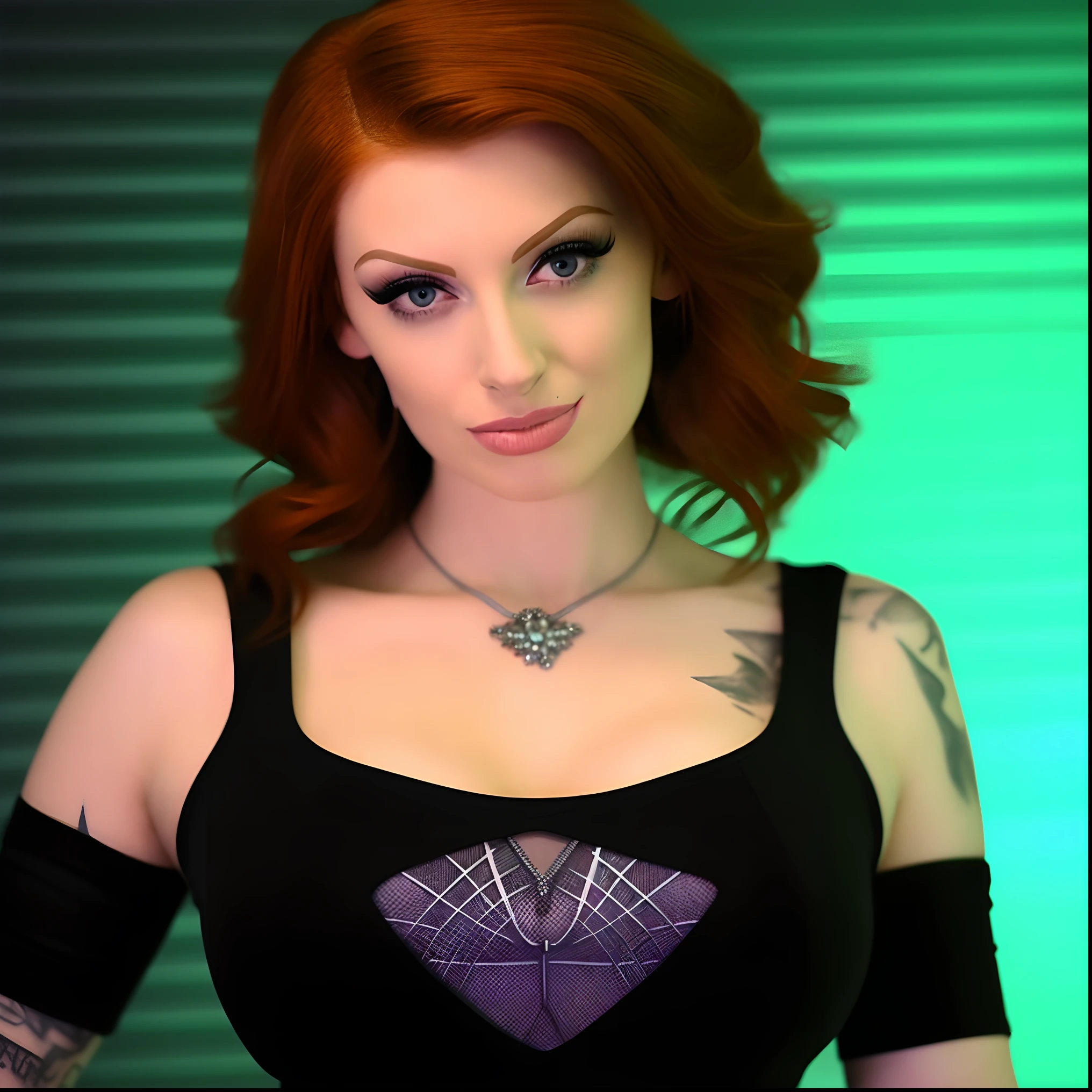 arafed woman with red hair and tattoos posing for a picture, amouranth as a super villain, amouranth, better known as amouranth, young beautiful amouranth, redhead female cyberpunk, cyarine, she is wearing a black tank top, scales on her chest, mara jade, wearing netrunner clothing, official product photo, waist up portrait