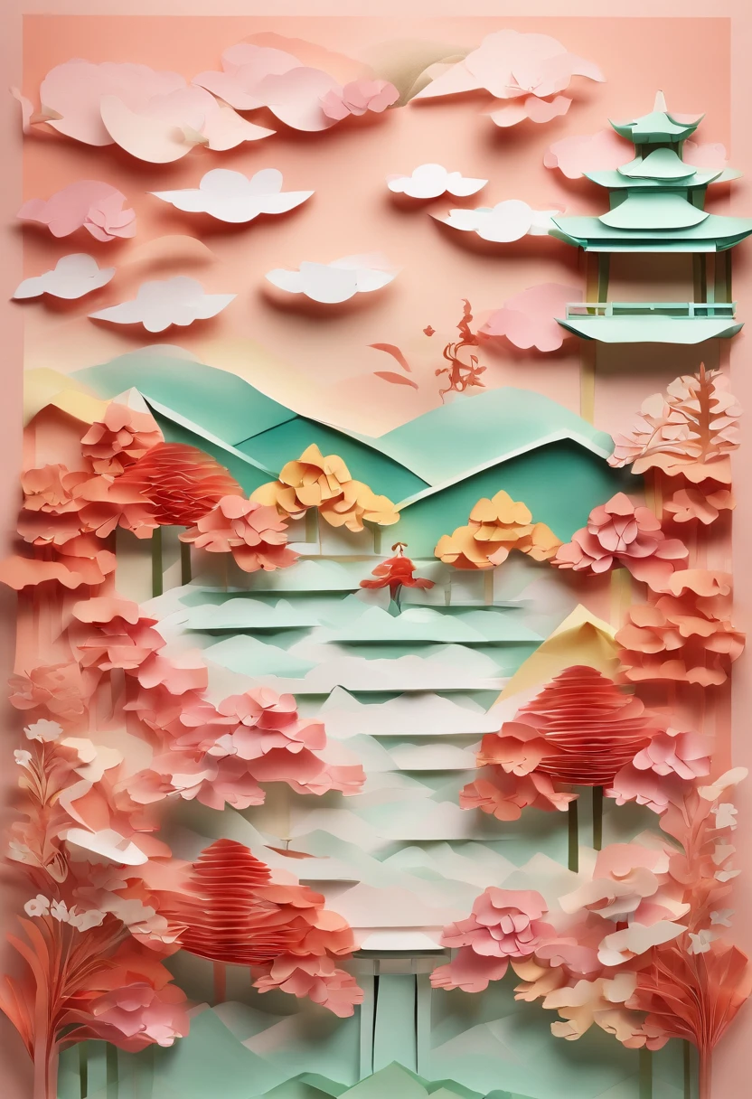 Multi-dimensional paper kirigami craft, paper illustration, Chinese traditional painting, jade, landscape, auspicious clouds, Chinese style, Watercolor painting, warm color, light background, best quality, exquisite details, 3d rendering, Octane render, pastel, Soft light