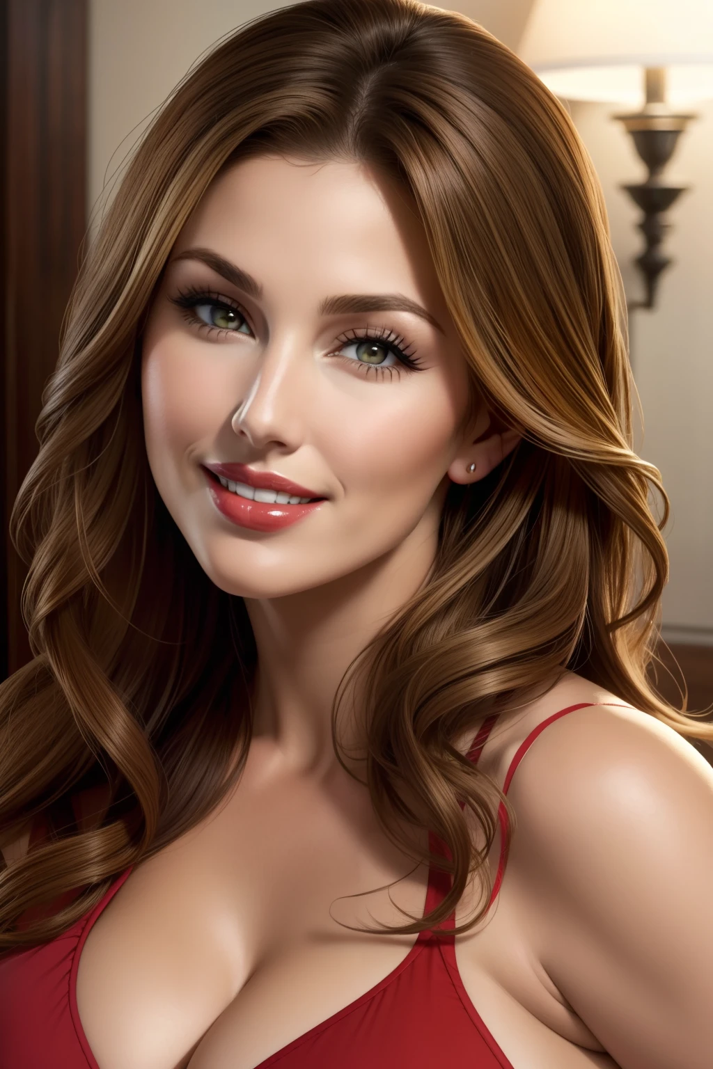 lucy pinder, face portrait, smiling, cleavage, red lipstick, Melora Hardin
