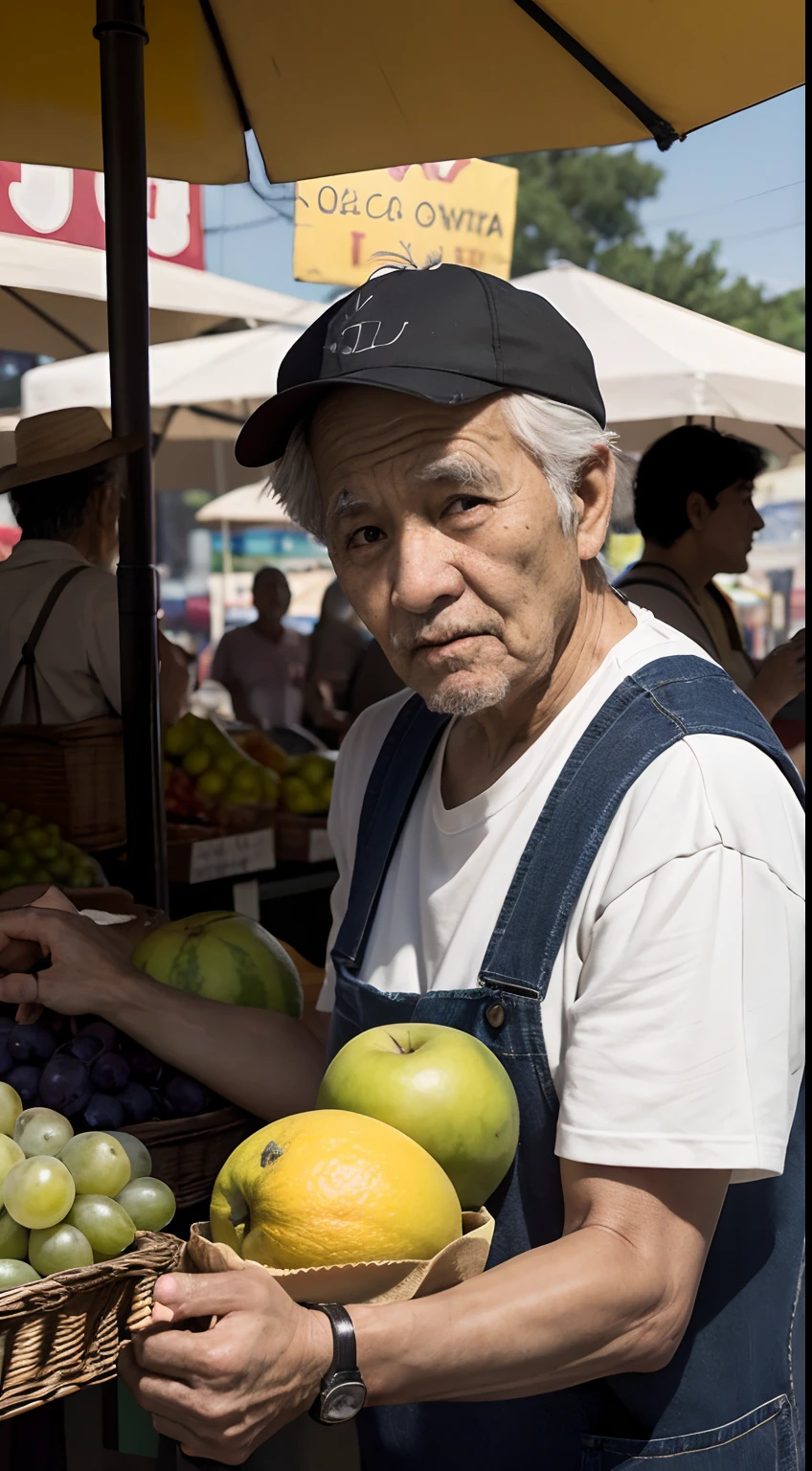 An old man with black hair and a sando is selling a variety of fruits in the market. His weathered face shows the signs of a life filled with experiences. The market is bustling with activity, with customers haggling over prices and vendors showcasing their colorful produce. The man's stall is adorned with vibrant fruits such as juicy watermelons, ripe mangoes, and succulent grapes, enticing passersby to stop and make a purchase. The scene is filled with a sense of curiosity as customers inspect the quality of the fruits and the man patiently answers their questions. The casual atmosphere reflects the easy-going nature of the market, fostering a sense of community and camaraderie among the vendors and customers alike. The overall tone of the scene is one of curiosity and exploration, as customers discover new fruits or appreciate the familiar ones. The prompt emphasizes the detailed depiction of the old man, showcasing his weathered face, expressions, and interactions with customers, while capturing the vibrant colors and textures of the fruits. The prompt also ensures a high-quality output, with vivid colors, sharp focus, and realistic details.
