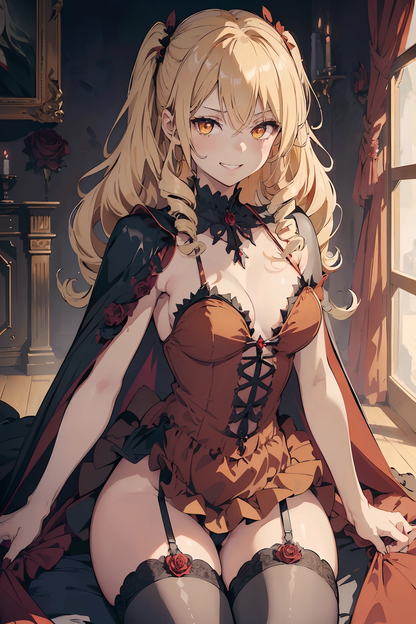 (masterpiece, high quality, detailed), 1girl, vampire girl, big poofy sandy-blonde hair, bright yellow eyes, hair drills, smug grin, (wearing slutty red dress), (plunging neckline), black fur trim, small beasts, petite, provocative, flowing cape, haunted castle interior, scattered rose petals, spooky, horror, portrait