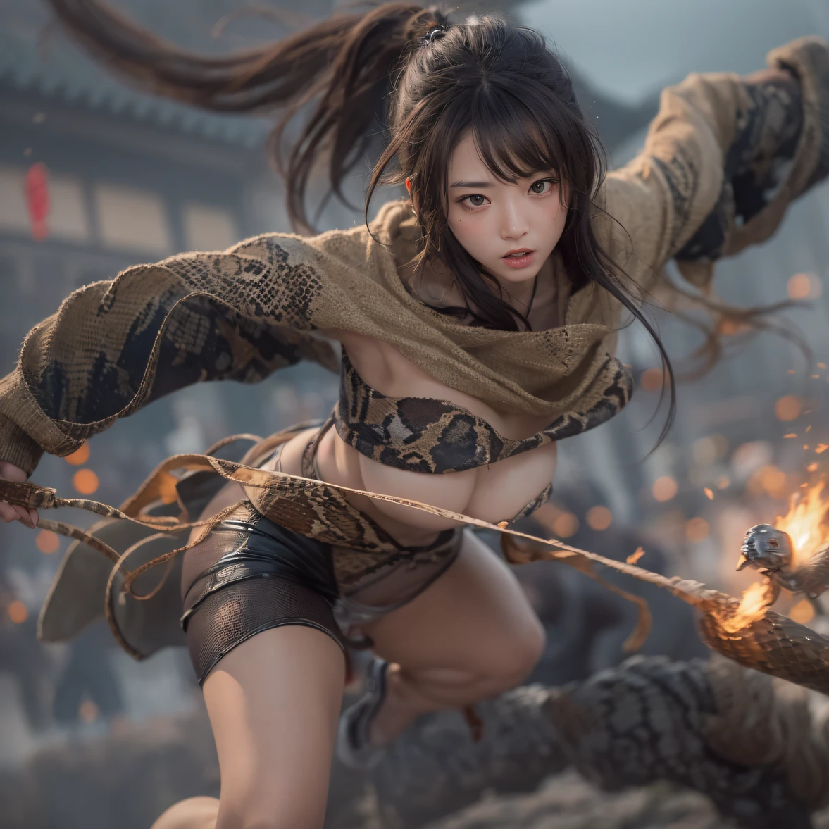 cinematic cgsociety,，combat scene、Chinese big breasts、Quaint、three kingdom、ember、100 people、Faraway view、intense battles、high detal、masuter piece、NSFW，Silk underwear，Quick-drying vests，Linen jumper，Python cape