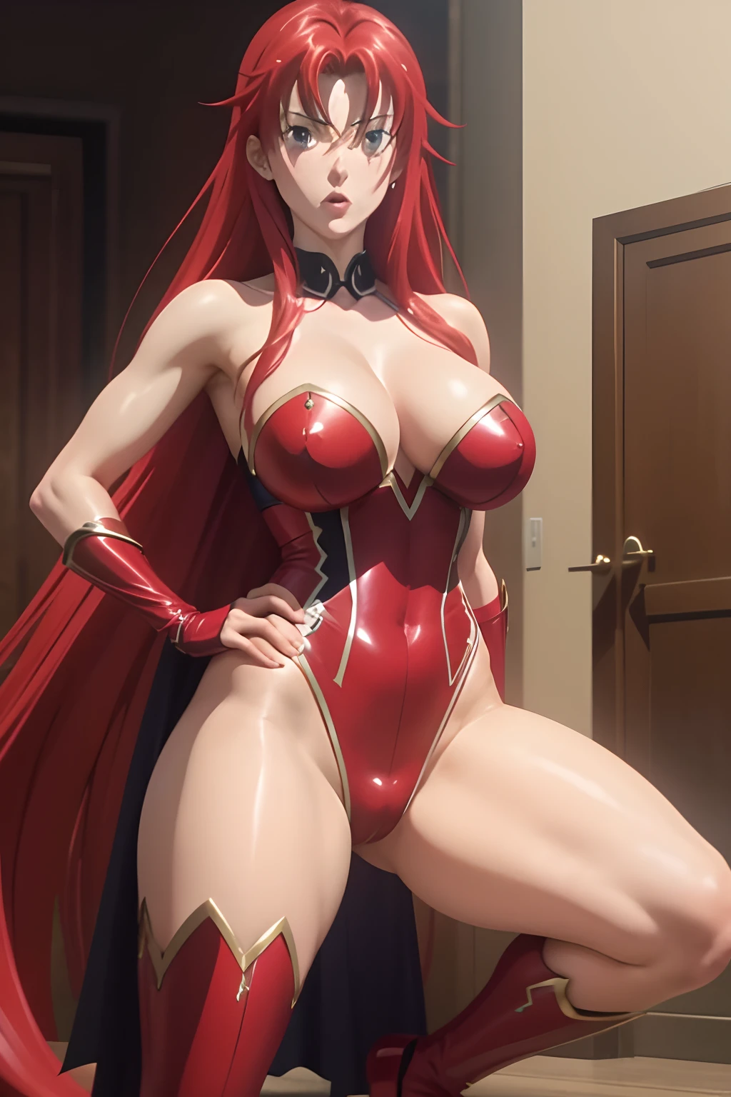 Rias Gremory vistiendo disfraz de Power Girl, disfraz de Power Girl, Superman, Supergirl, traje blanco, capa roja, botas rojas,