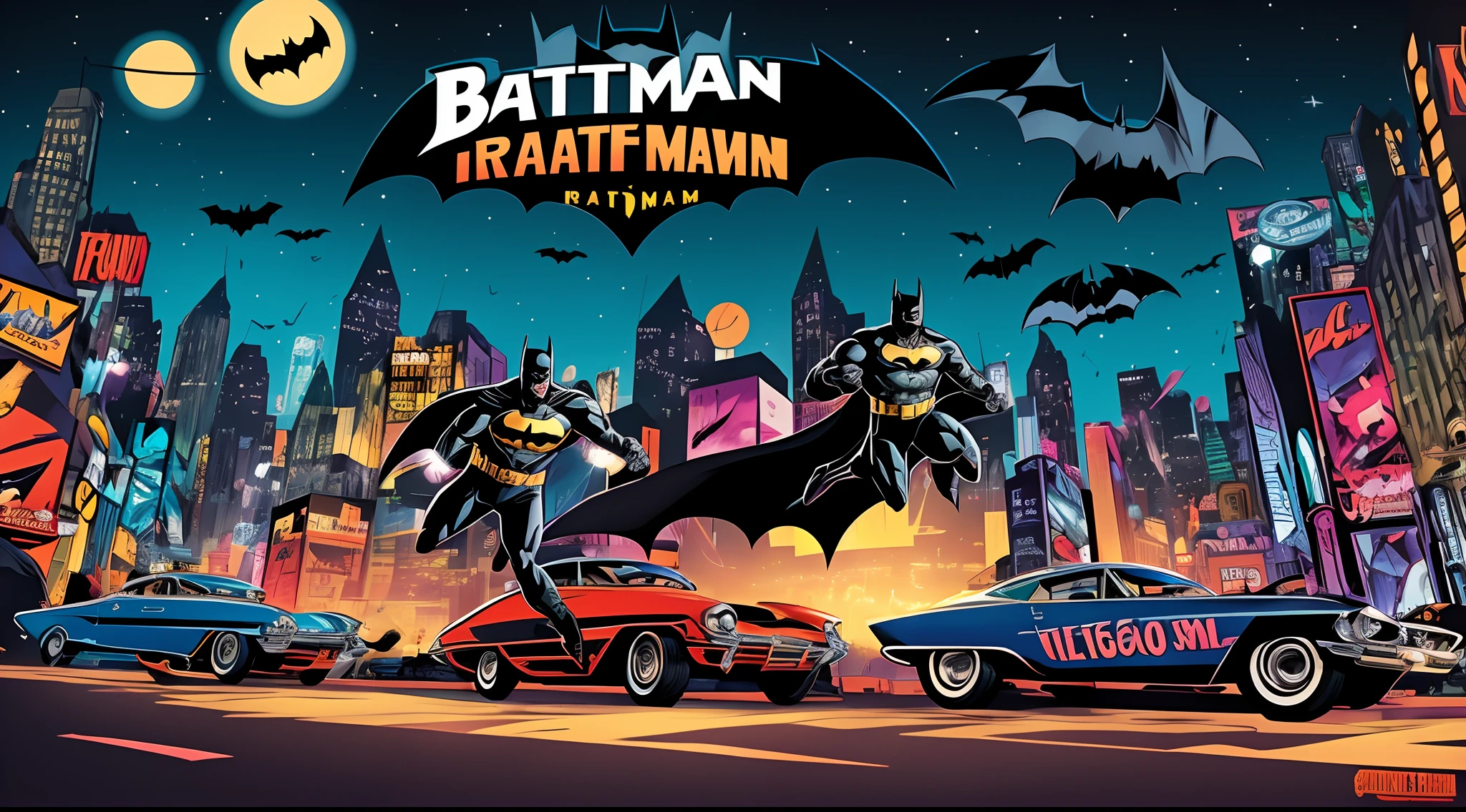 Create a dynamic and colorful Batman comic book reminiscent of the iconic 1960s era. Picture Batman and Robin in action, with the Bat-Signal lighting up the night sky. The background should feature a burst of vibrant, pop art-style colors and patterns, giving it that classic retro feel.