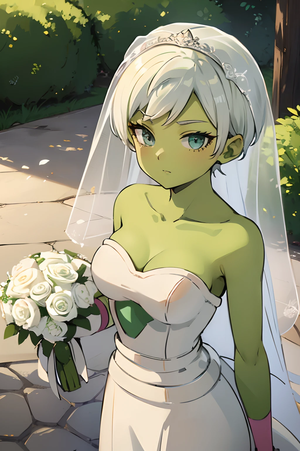 ((Wedding dress)), cheelai, piel verde ((green skin)) ((white hair)) ((veil))