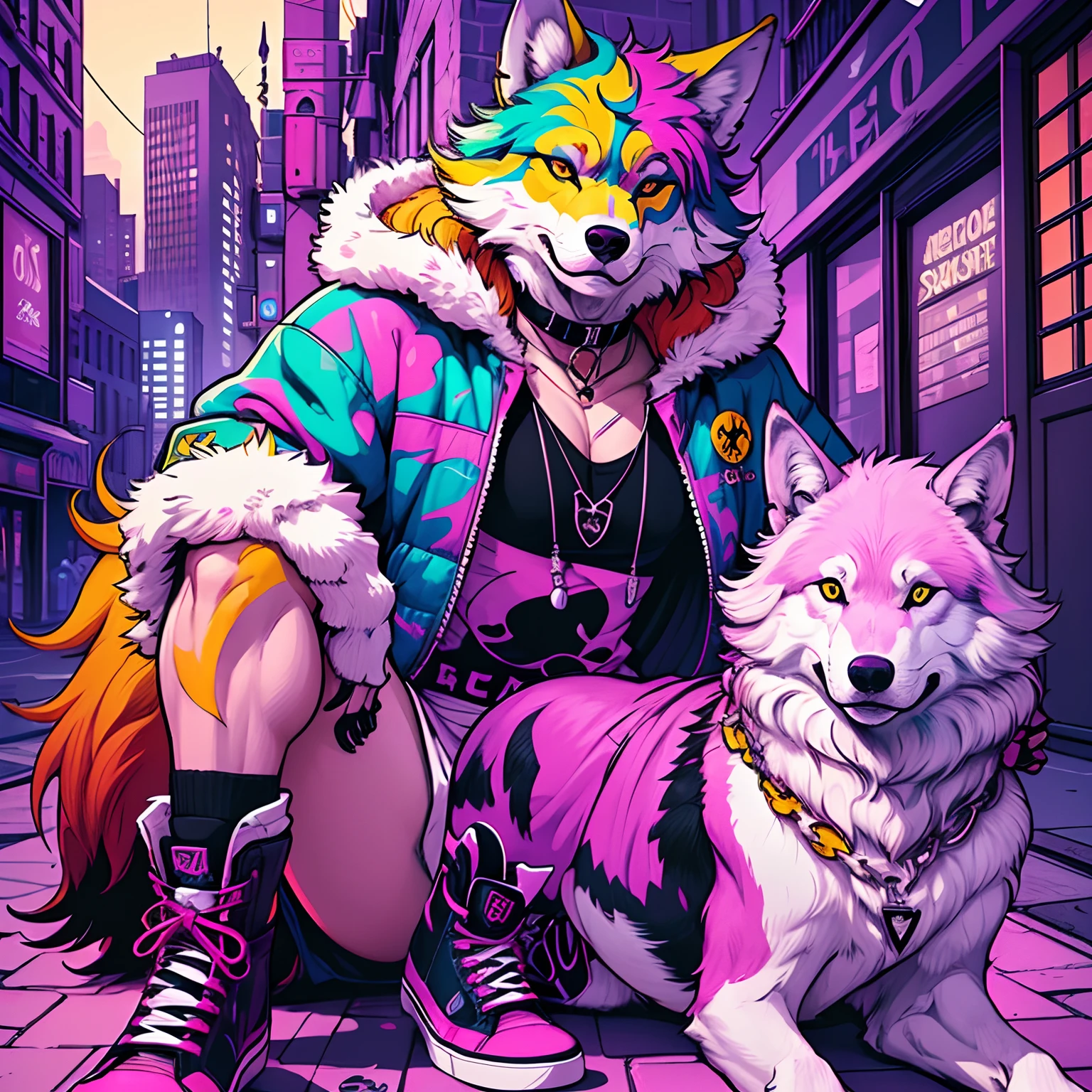 Pala has the body of a wolf, but with an urban touch. It has a lush, colorful coat that reflects the brand's vibrant color palette. His eyes are bright and expressive, conveying a mixture of mystery and confidence. Pala has sharp claws and wears a pair of custom high-top sneakers, highlighting her affinity for streetwear culture.