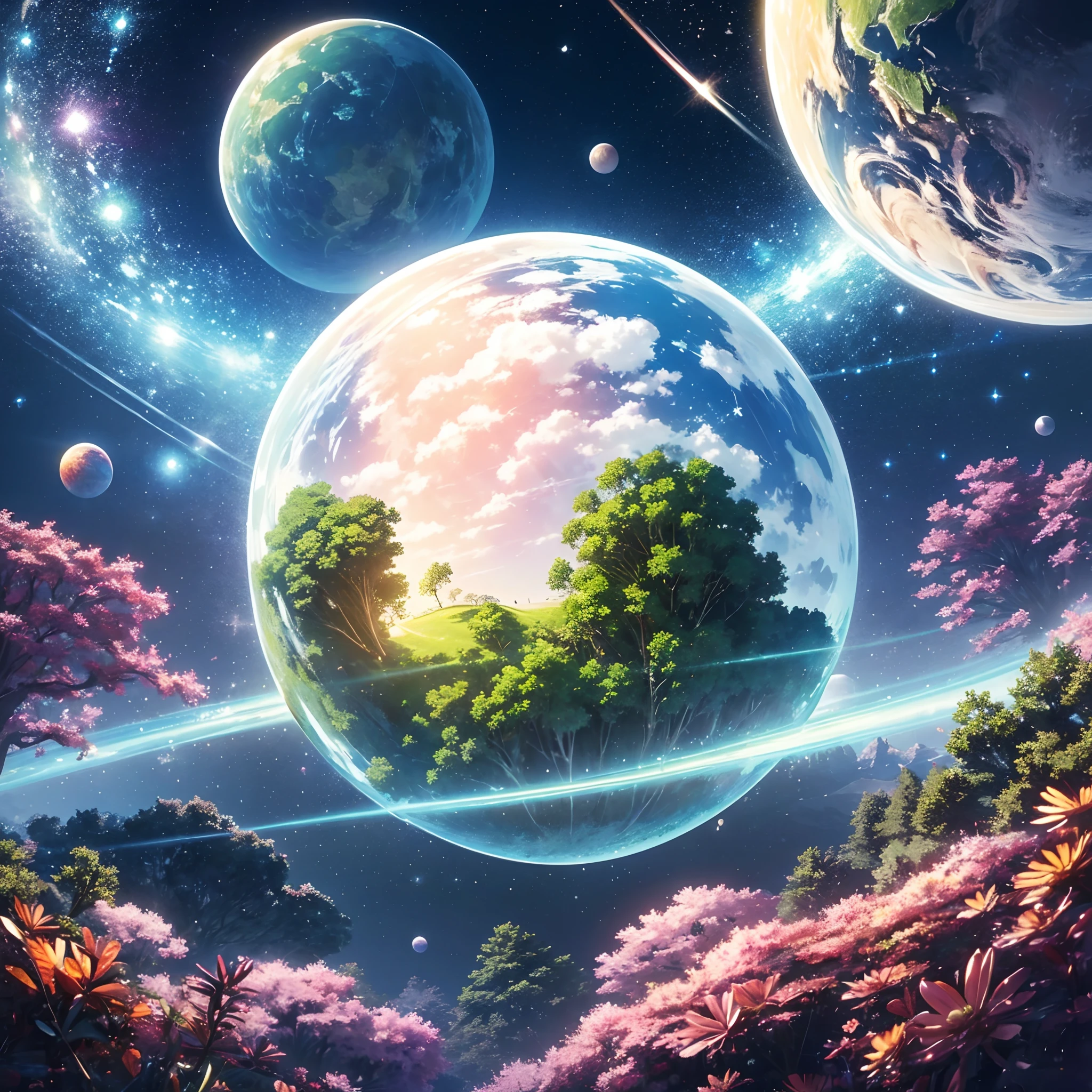 (((masterpiece))) (((best quality))) glass sphere, close-up of a planet with a bunch of trees on it, overgrown planet, green planet, fractal world, fantasy overgrown world, fantasy planet, Dyson sphere, pink planet, 3D render beeple, planetary landscape, round planet inspired by Jofra Bosschart, planet, futuristic world, psychedelic flower planets, ethereal world, (outgoing glow)