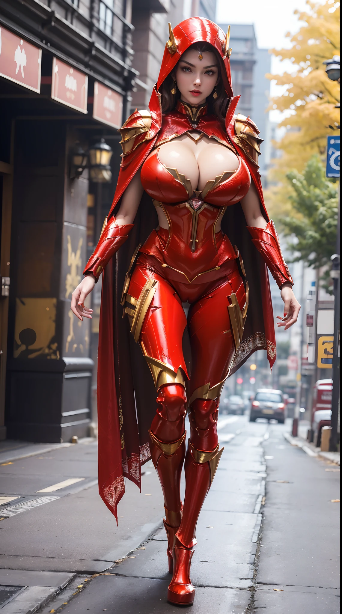 1GIRL, SOLO, (ssmile, makeup, beautifull eyes, red libs, gold ornament hair), (HUGE FAKE BOOBS:1.3), (GUARD ARM), (Red, FUTURISTIC MECHA ARMOR SUIT, ROYAL CAPE, CLEAVAGE, SKINTIGHT YOGA PANTS, HIGH HEELS:1.5), (SLENDER BODY, SEXY LONG LEGS, FULL BODY:1.5), (LOOKING AT VIEWER:1), (WALKING DOWN ON STREET CHERRY TREES:1.3), PHYSICALLY-BASED RENDERING, ULTRA HIGHT DEFINITION, 16K, 1080P.
