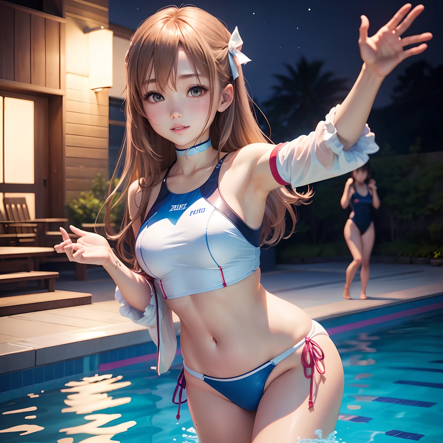 Asuna、swim wears、Night Pool、Hands up