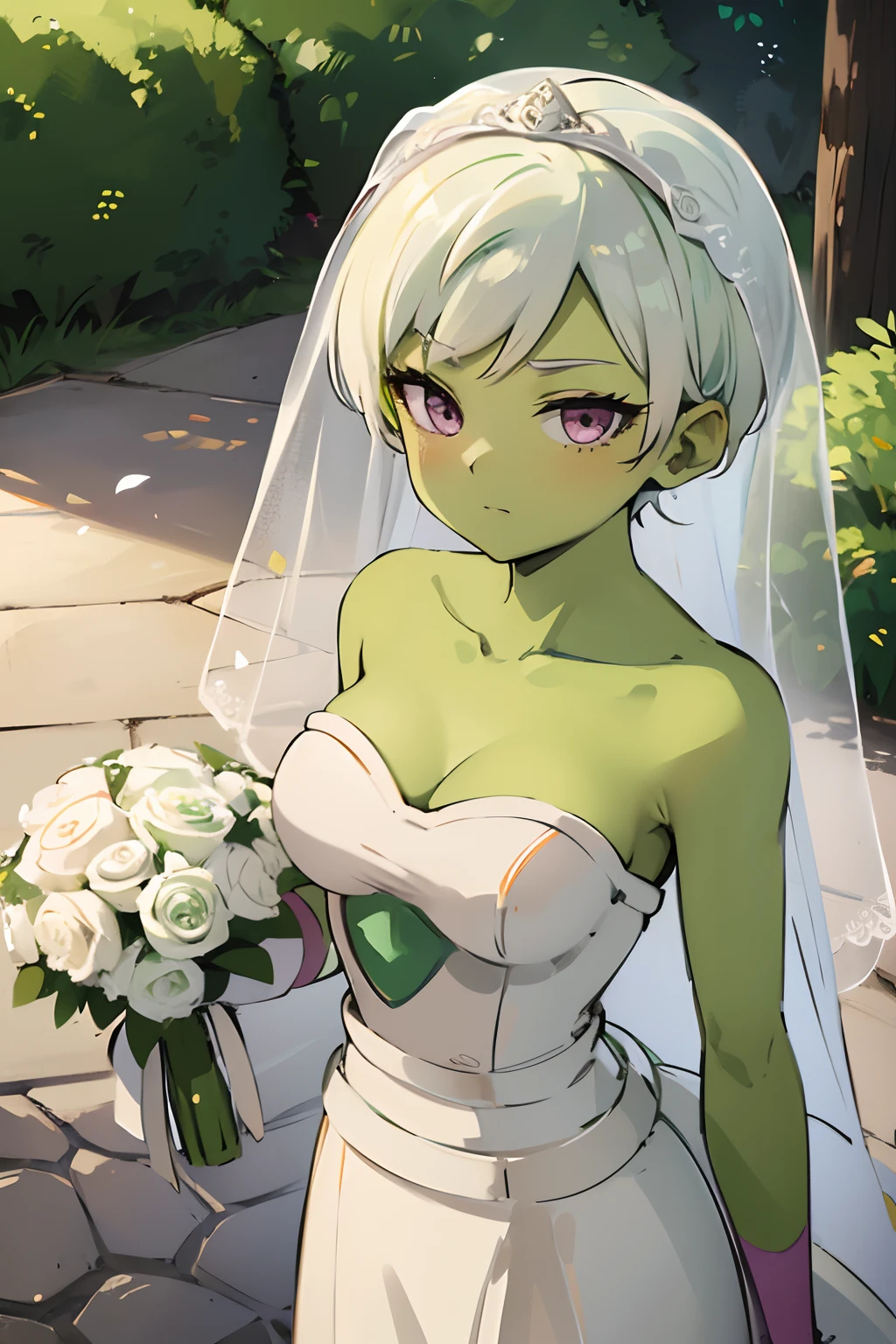 ((Wedding dress)), cheelai, piel verde ((green skin)) ((white hair)) ((veil)) ((purple eyes))