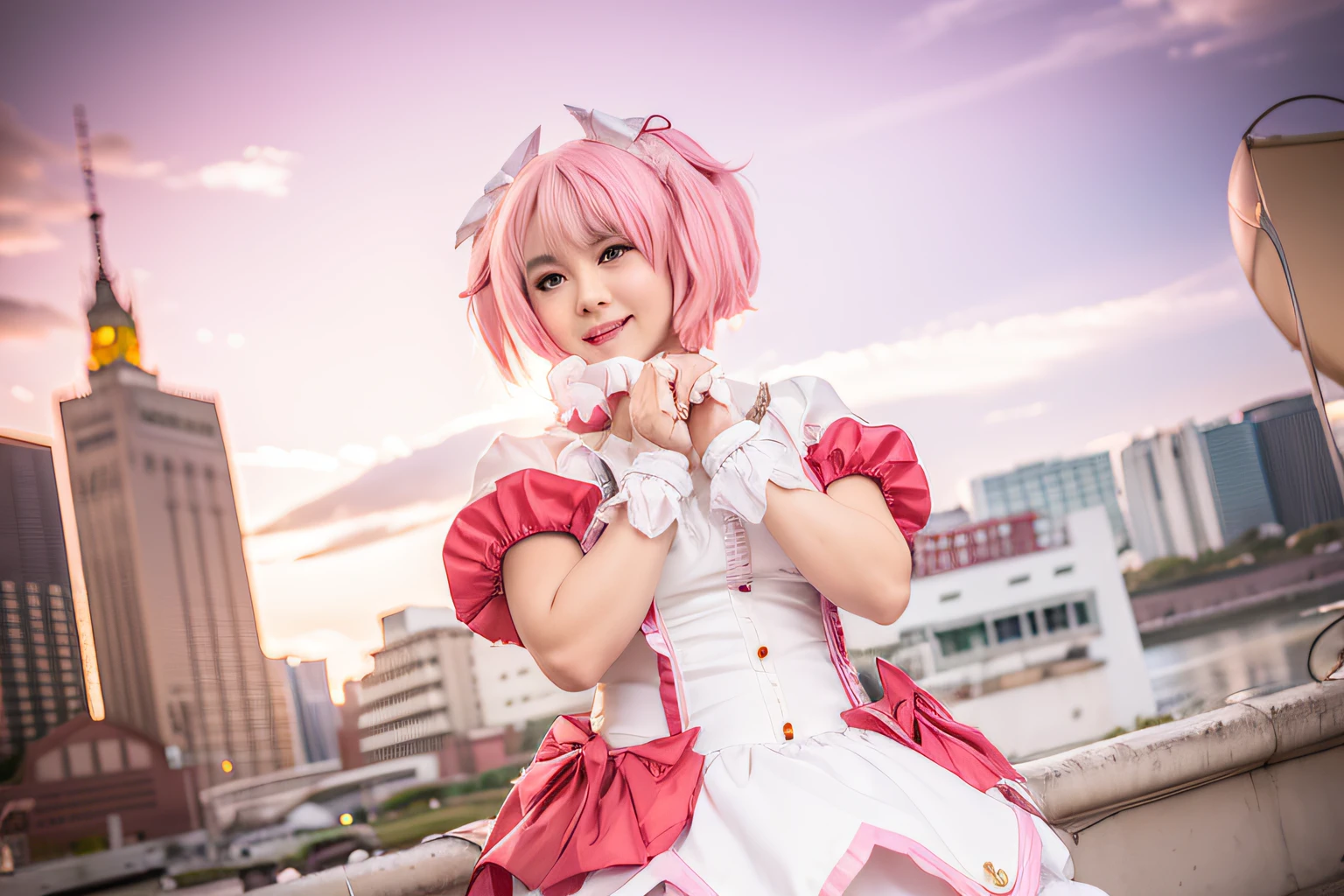 there is a woman in a pink and white dress posing for a picture, madoka kaname, portrait of magical girl, Anime girl cosplay, Anime cosplay, sakura from cardcaptor sakura, cosplay foto, Sakura Kinomoto, remilia scarlet from touhou, Ayaka cosplay, publicity cosplay, , hana yata, Madoka Magica