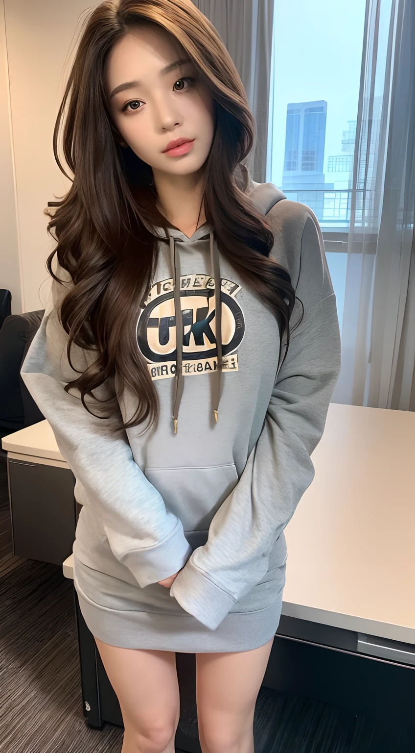 ((Best quality, 8k, Masterpiece :1.3)), 1girl, Pretty woman with slender abs :1.3, Whole body, Long legs, Sharp focus :1.2, (Long Wavy Brown hairstyles)) ((Random Layered Hairstyle)), Huge breasts :1.2), (Sexy Office Skirt with wearing Hoodie, Standing:1.2), Highly detailed face and skin texture, Ultra-detailed face, Detailed eyes, Double eyelid, Full body, on bed, Revealed thighs ,