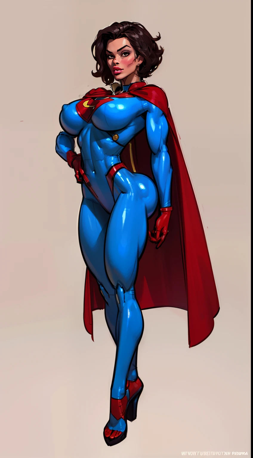 ((masterpiece)),(((best quality))),((character design sheet)), ((full body view)) illustration,(female superhero), muscular, ((blue bodysuit:1.5)), superhero, (dark brown hair:1.2), (red cape:1.5) ((detailed face:1.4)) beautiful woman, (small head:1.2) ((gigantic breasts:1.6)) (red thighhighs:1.3)(messy hair:1.4), (blunt buzzcut:1.4), (long sideburns:1.4), shiny skin, (yellow logo on chest:1.4)(puffy lips:1.5), (full lips:1.4) (wide hips:1.3), hip dips, detailed lips, (red gloves:1.2) rough sketches, pose, 8k,16k, (simple background, white background: 1.3)