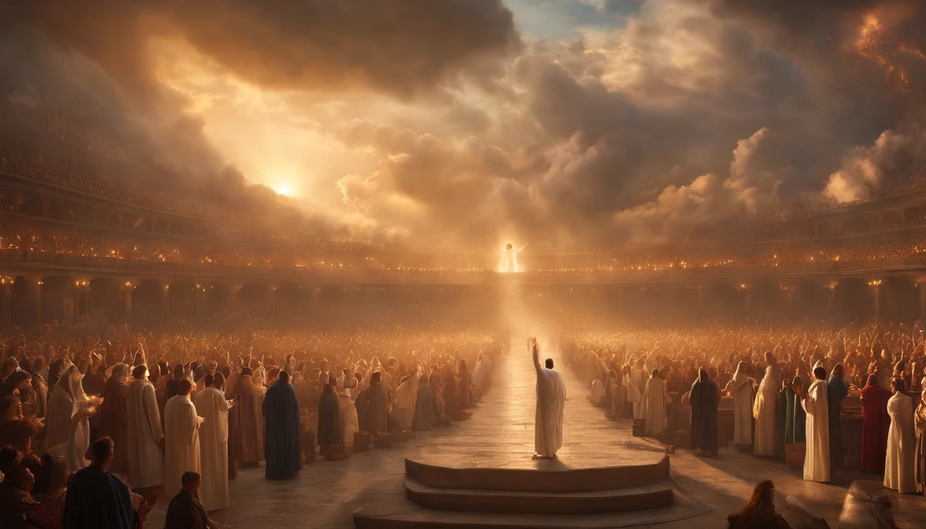 The Rapture ,Thousands of people stand in the air,Standing on the clouds, Thousands of people are dressed in white, Raise your hands and sing hymns to praise God. The scenes are magnificent and surreal. (Best Quality, 4k, 8K, high resolucion, Masterpiece:1.2), Ultra-detailed, (realisitic, Photorealistic, Realistis:1.37), portrait of a, Vivid colors, studio lit, Sharp focus, physics based rendering, extreme detail description, Biblical Topics, grand ambience, radiant light.