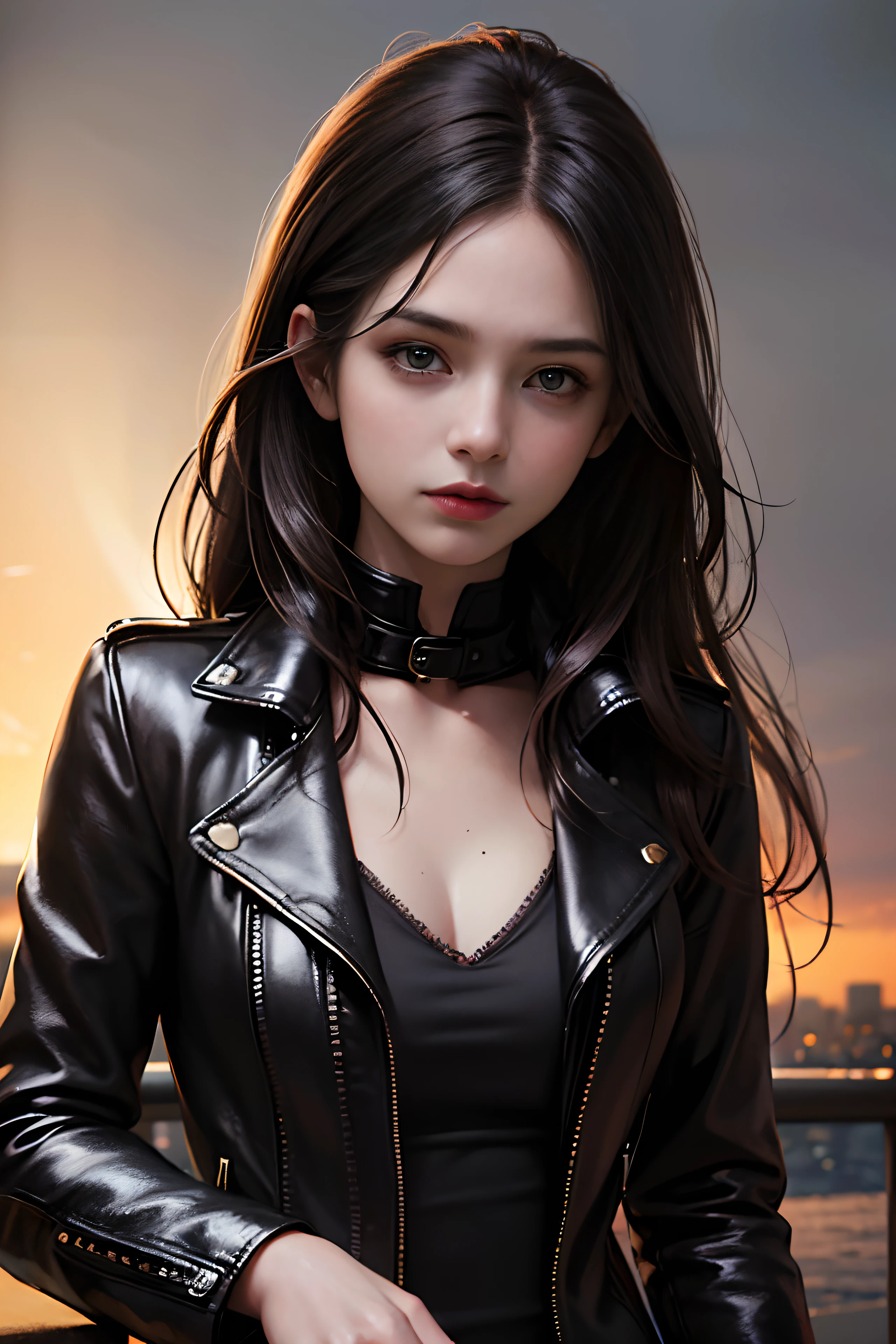 (skindentation:1.5), Realistic, Photorealistic, (masterpiece:1.5), concept art, intricate details, highly detailed, photorealistic, octane render, 8k, unreal engine, dynamic pose, best quality, highres, (realistic face:1.1), (hyperrealistic:1.1), ((full_body)), perfect eyes,(shiny skin:1.2), (((hairstyle))), (((perfect hands))), (extremely detailed background), ((dynamic background)), ((lightning)), (light rays), ((1girl)), wearing black leather jacket, black leather long pants, black t-shirt, black boots, (((flowing jacket))), ((detailed eyes, high quality eyes, high quality face)), (extremely intricate jacket), long black hair, ((dramatic)), epic, city, depth of field, bokeh, 4k, ((riding motorcycle))