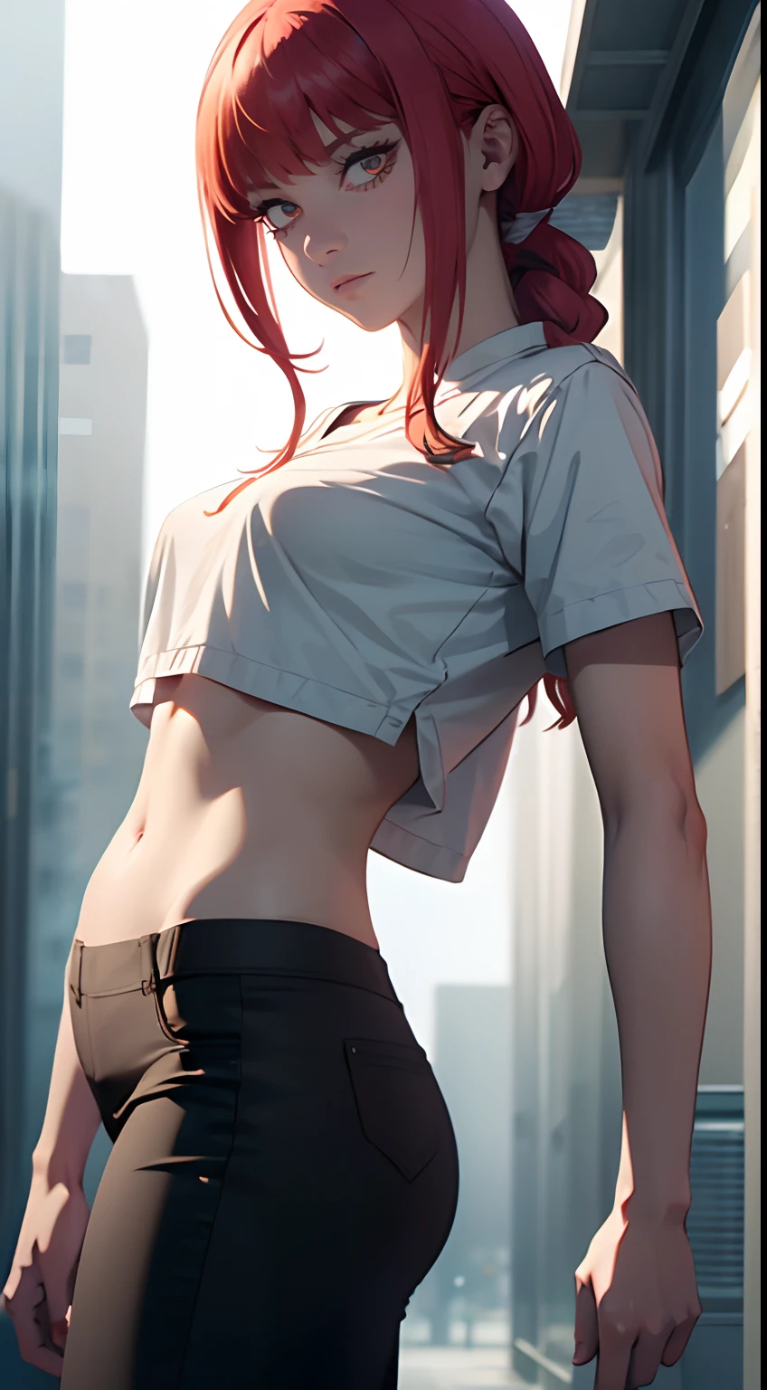 A  girl, The character Makima from the anime series Chainsaw Man, fragile, makima, Beautiful figure, Skinny black pants, red hair, Orange Eyes, white  shirt, sexypose, Realistic, Very detailed, handsome body, Detailed body, Detailed hands, Detailed, Vibrants, Detailed Face, Makima's character design. Very detailed, Detailed body, Detailed hands, Detailed Face, anime art, extremely detailed CG unity 8k wallpaper, detailed light, Cinematic lighting, chromatic aberration, glittering, expressionless, epic composition, dark in the background, Cherecter Desing, Very detailed, Detailed body, Vibrants, Detailed Face, sharp-focus, anime art, Vibrants, Detailed Face, Hugh Details, sharp-focus, Very drooping face, A detailed eye, super fine illustration, better shadow, finely detail, Beautiful detailed glow, Beautiful detailed, Extremely detailed, expressionless, epic composition, Presented at artstation, Octane Render, artstation hd, Cinematic, 4 thousand., hypermaximalist, elegant