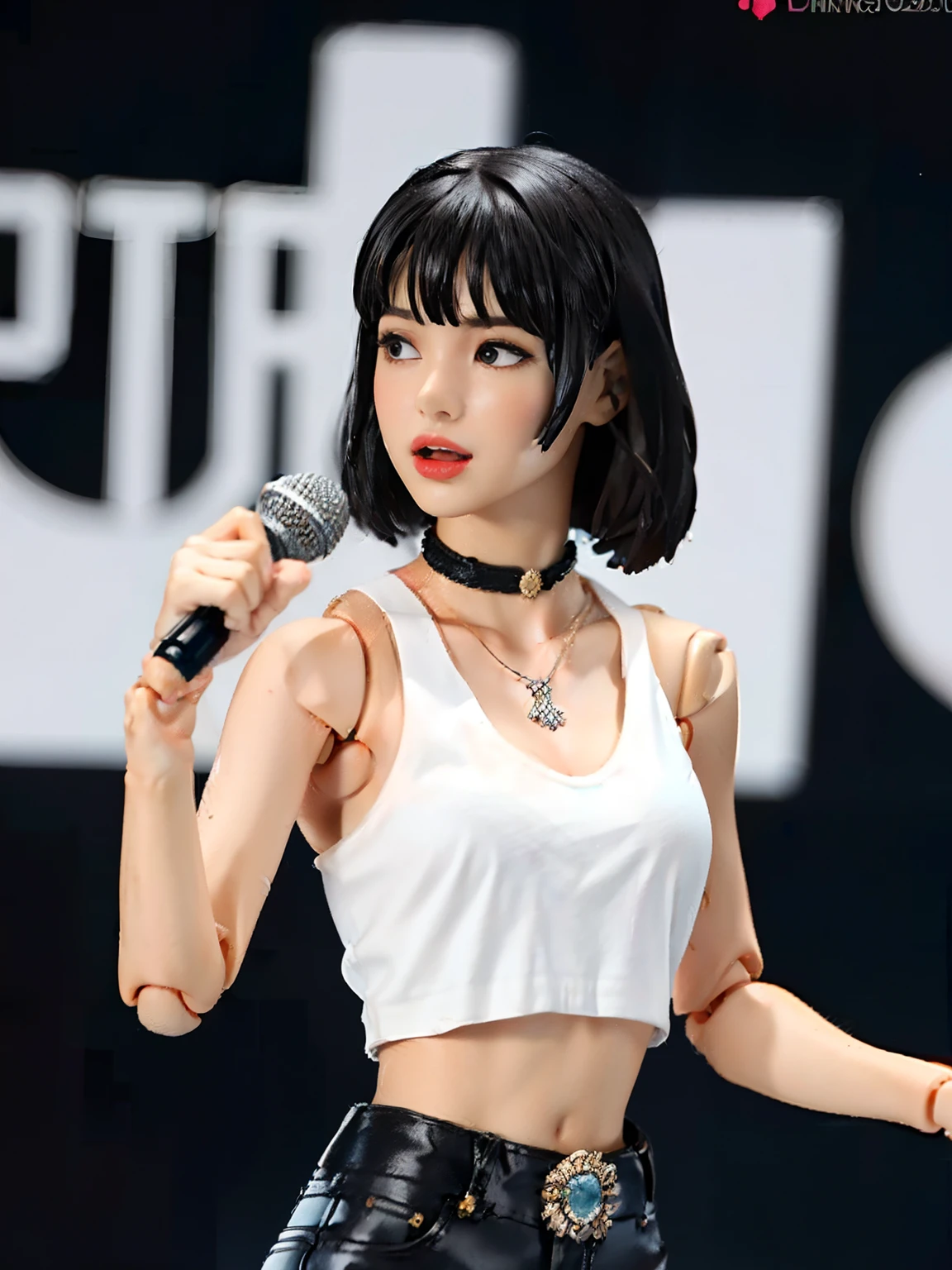 1girl, action figure, Figma, doll, dancing and singing pose, holding a microphone, black daisy duke, white tanktop, black choker,