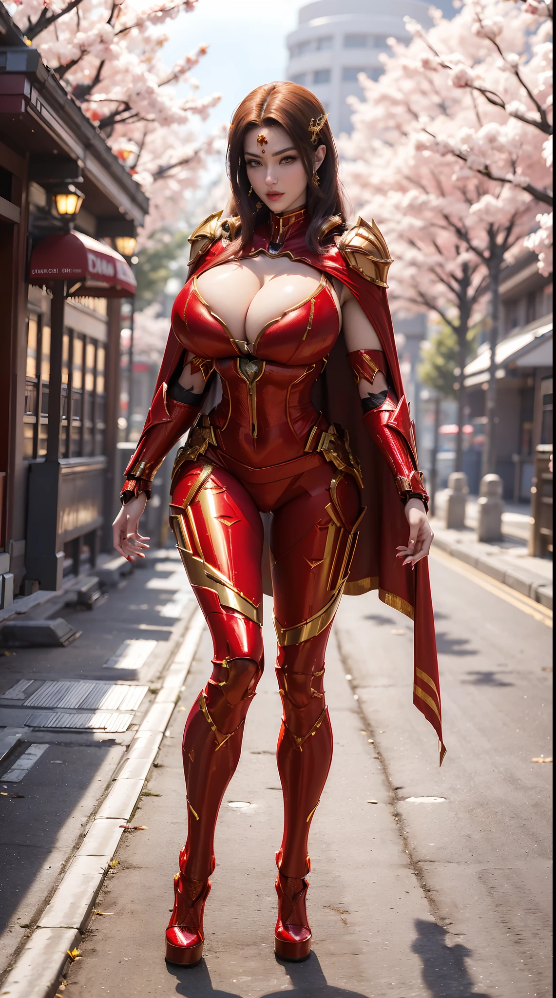 1GIRL, SOLO, (ssmile, makeup, beautifull eyes, red libs, gold ornament hair), (HUGE FAKE BOOBS:1.3), (GUARD ARM), (Red, FUTURISTIC MECHA ARMOR SUIT, ROYAL CAPE, CLEAVAGE, SKINTIGHT YOGA PANTS, HIGH HEELS:1.5), (SLENDER BODY, SEXY LONG LEGS, FULL BODY:1.5), (LOOKING AT VIEWER:1), (WALKING DOWN ON STREET CHERRY TREES:1.3), PHYSICALLY-BASED RENDERING, ULTRA HIGHT DEFINITION, 16K, 1080P.