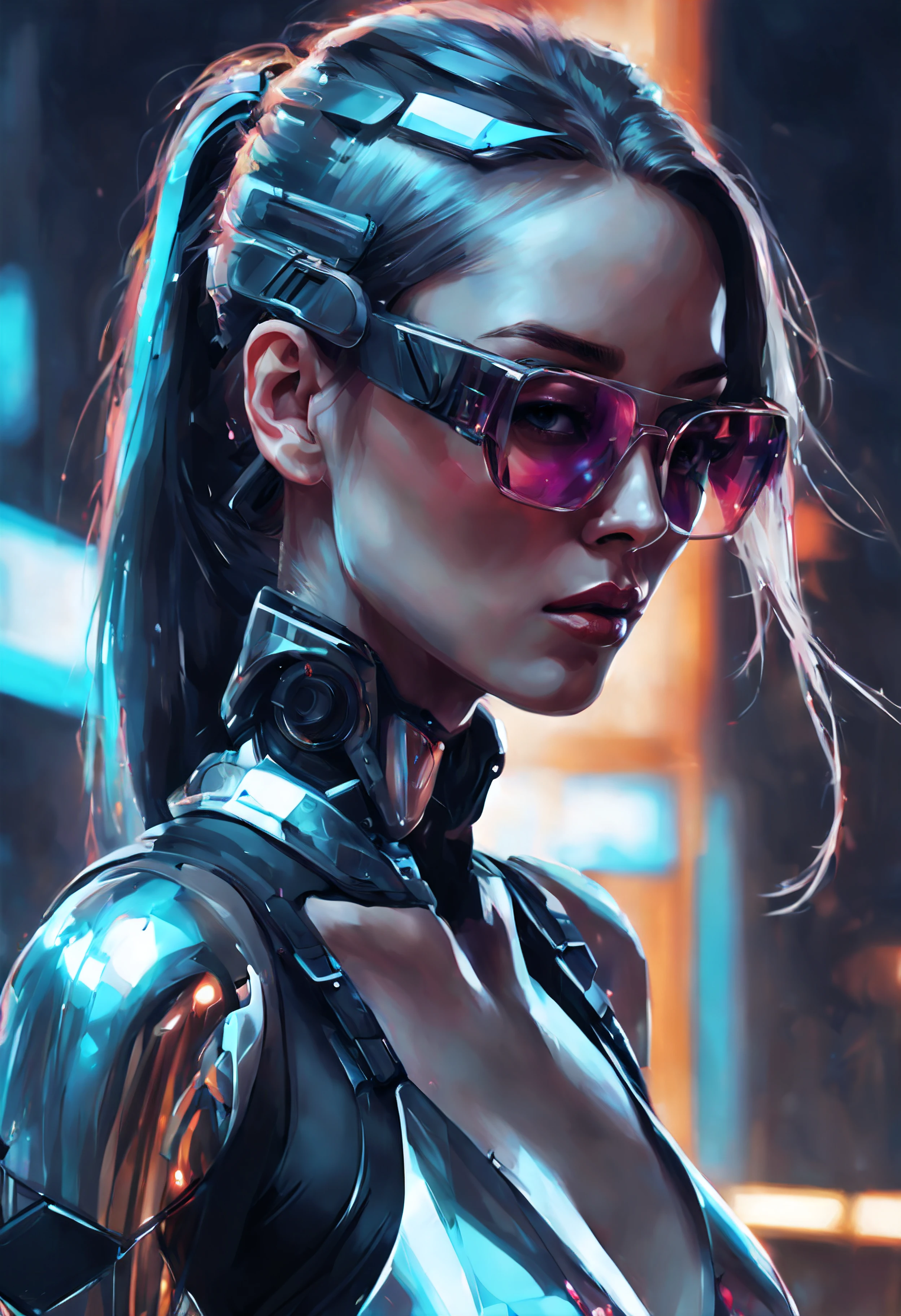 Design a digital artwork featuring a futuristic femme fatale with sleek, reflective glass glasses and a smooth, high-tech texture, centered, approaching perfection, dynamic, highly detailed, artstation, concept art, smooth, sharp focus, illustration, art by Carne Griffiths and Wadim Kashin, graffiti airbrushing techniques, high definition, accent lighting, contrasted with bright paint colors
