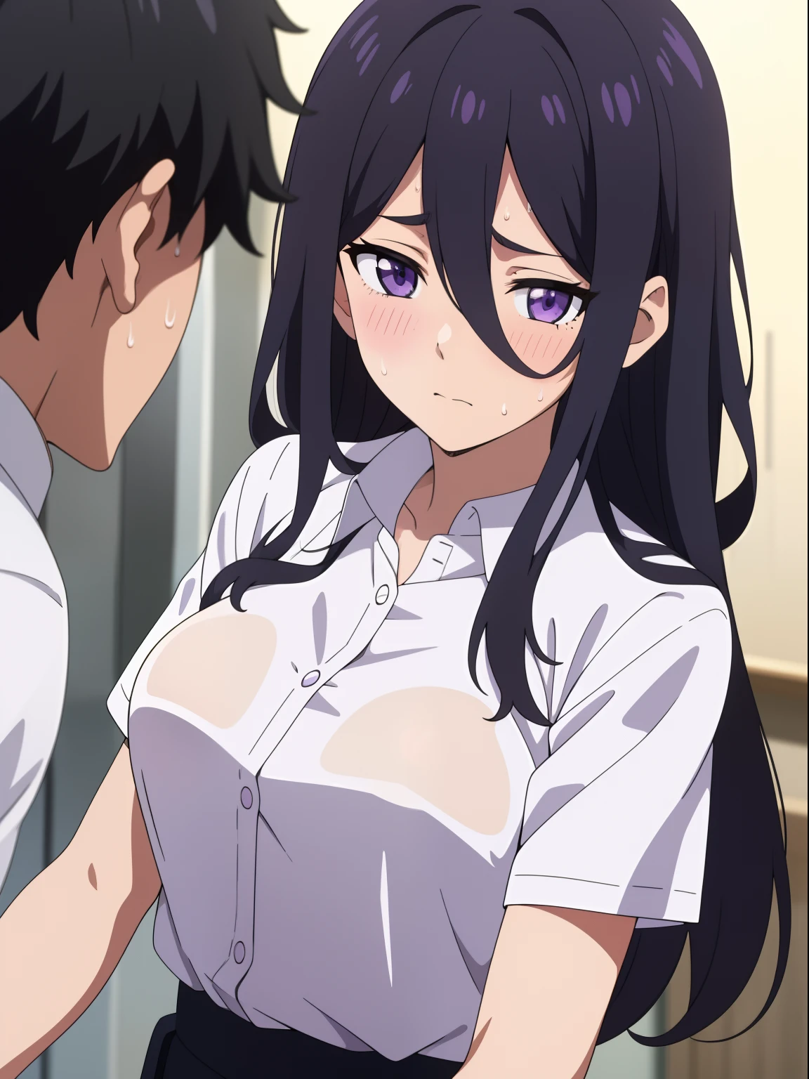 (masterpiece, best quality,) anime screencap, 1girl, 
black hair, medium-long hair, purple eyes, school shirt white sleeves with buttons, medium breasts, head turns to viewer, boy grabs her breast from behind, embarrassed face, sweating