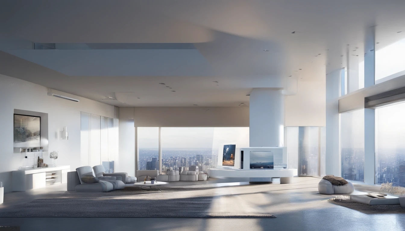 Highrise, Interior living room, White, obra maestra, distancia de luna y la tierra, Ultra photo realsisim,Hyper-detailing,Ultra-wide-angle picture,24th century,sci fi city,Faraway view,super-fine,ultra - detailed,high qulity,8K ,oc rendered,dynamic viewing angle
