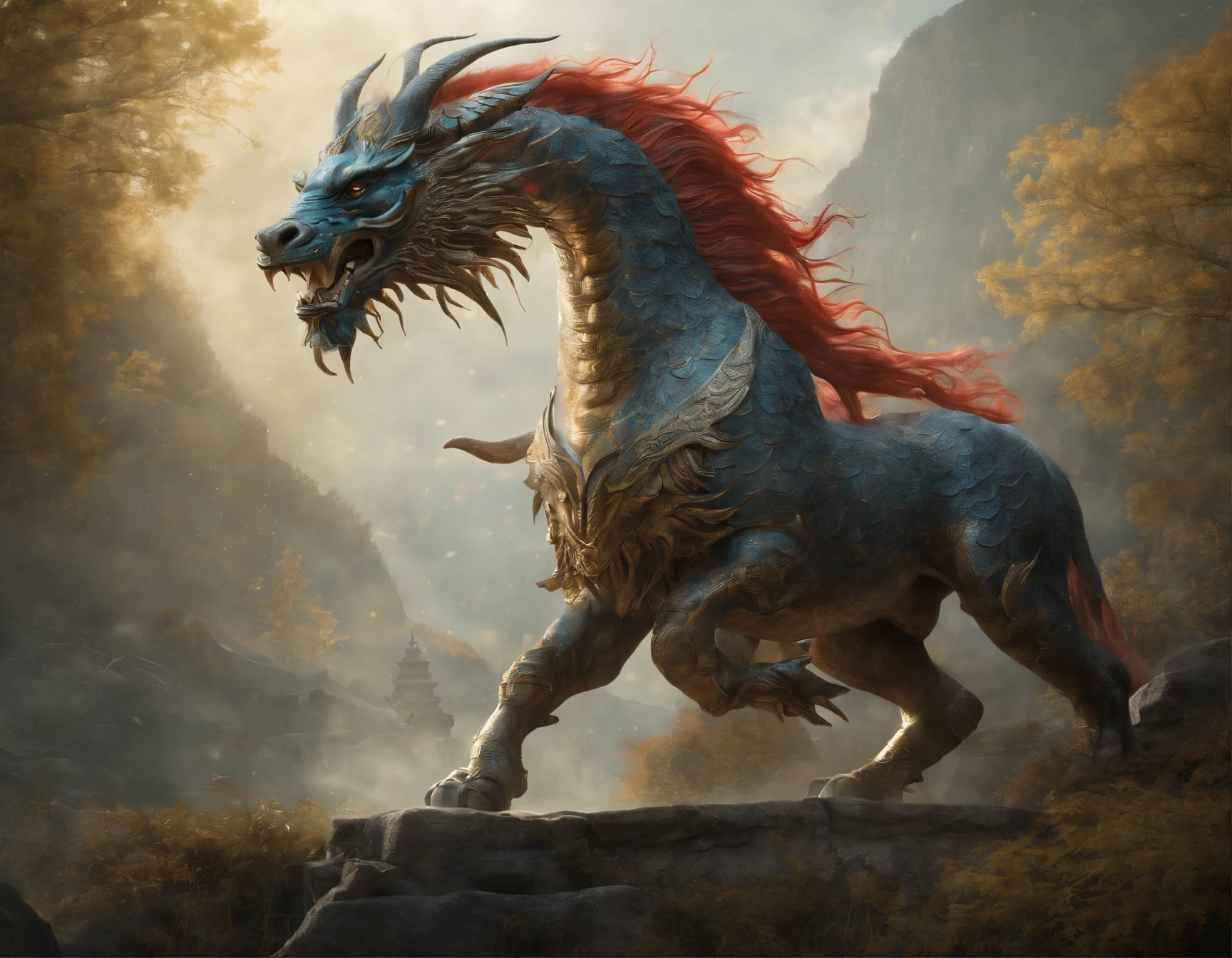 Step into the world of mythology with this captivating illustration featuring the Qilin, a majestic creature from Chinese folklore. The composition showcases the Qilin's horse-like body, adorned with dragon scales and a single, spiraling horn. The vibrant colors and intricate details bring this mythical creature to life, evoking a sense of awe and wonder. Renowned fantasy artist J.R.R. Tolkien skillfully captures the magic and mystique of the Qilin in this enchanting image