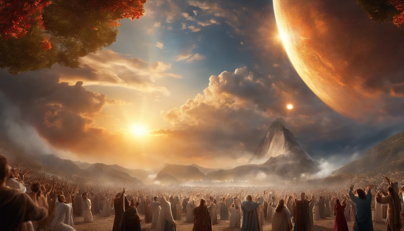 The Rapture ,Thousands of people are floating in the air,Standing on the clouds, Thousands of people are dressed in white, Raise your hands and sing hymns to praise God. The scenes are magnificent and surreal. (Best Quality, 4k, 8K, high resolucion, Masterpiece:1.2), Ultra-detailed, (realisitic, Photorealistic, Realistis:1.37), portrait of a, Vivid colors, studio lit, Sharp focus, physics based rendering, extreme detail description, Biblical Topics, grand ambience, radiant light.
