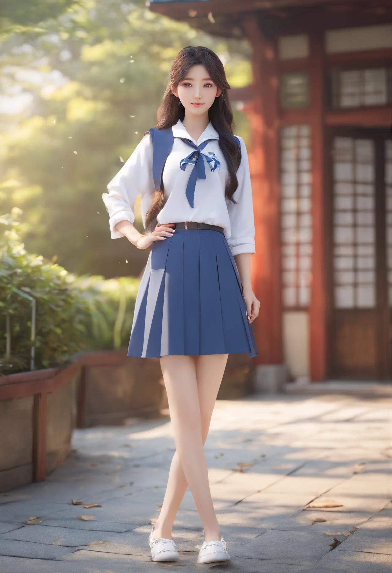 professional photo, hdr, dsrl, 4k, 1girl, beautiful korean girl, beauty face, age 17, slender body, long leg, pale skin, beauty body, long curvy hair, beauty eyes, walking with a cute white puppy, on Kyoto, no body on background, beauty face, beauty noose, beauty lips, beauty eyes, wearing a japanese high school uniform, no coat, no jacket, no vest