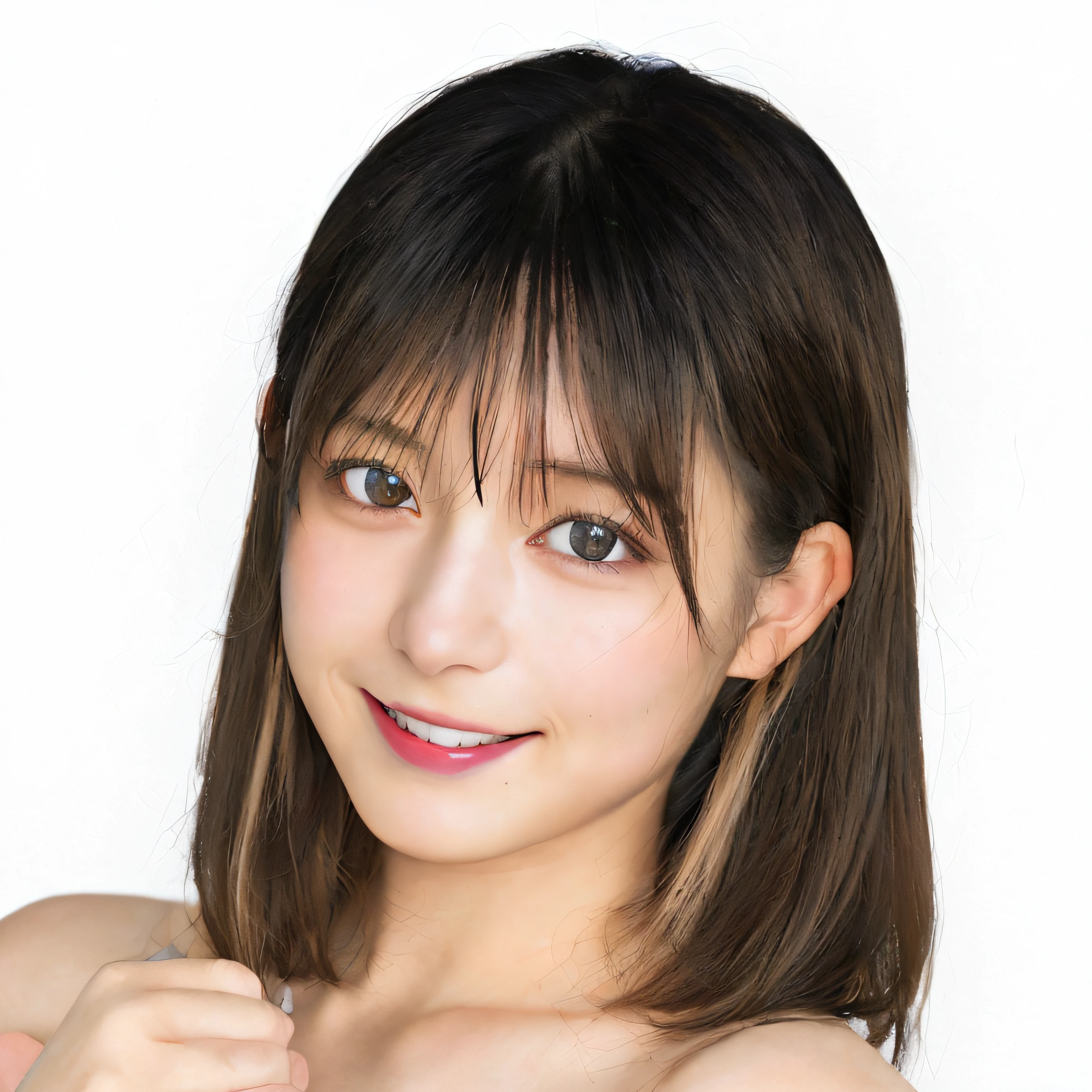 Natural bangs(8K, Raw photo, Best Quality, masutepiece:1.2), (Realistic, Photo - Real:1.4), (Highly detailed 8k wallpapers)、foco nítido, depth of fields, blur backgroun, Cinematic lighting, Soft light, Upper body, 20 years old, Smile