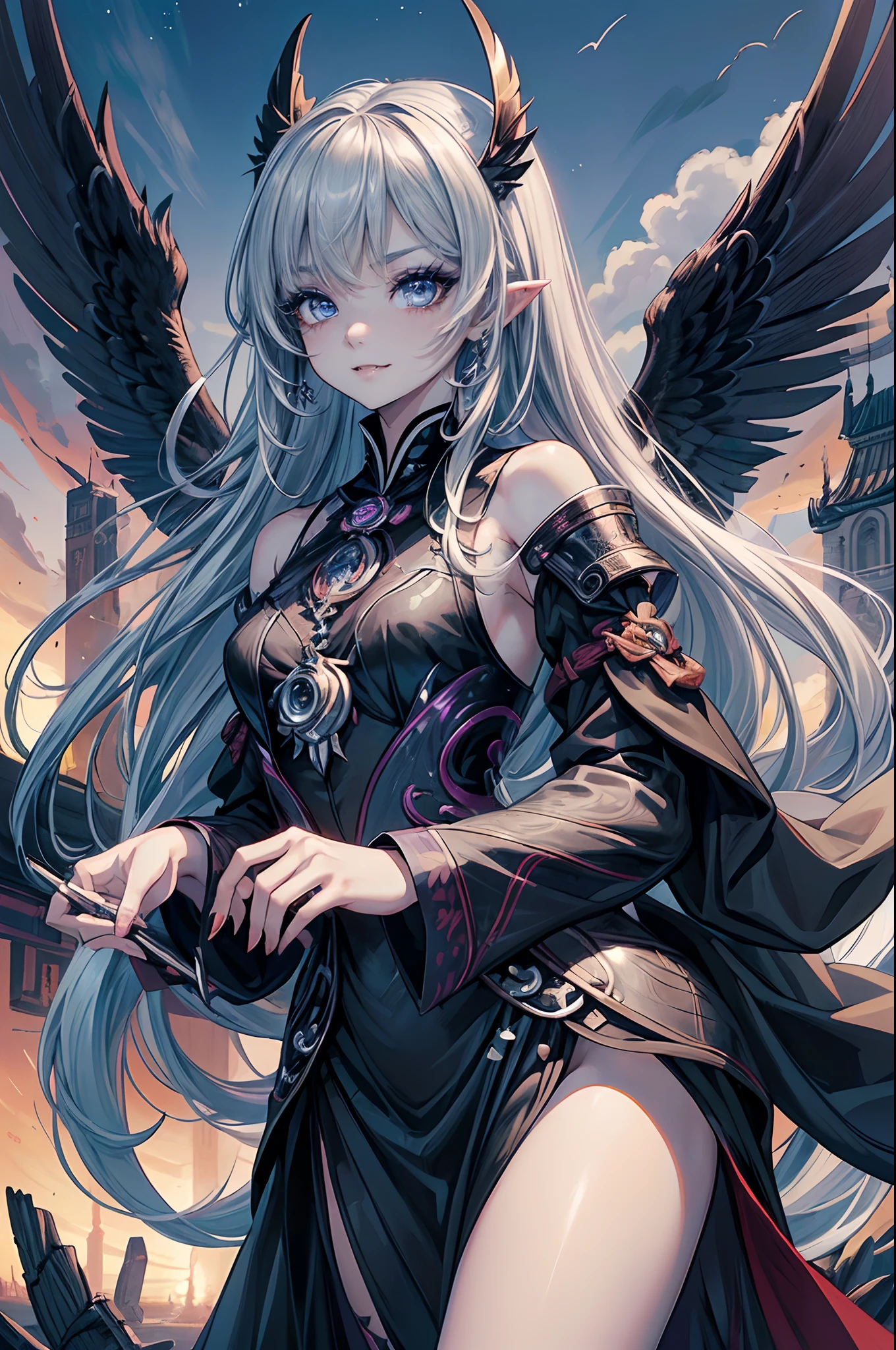 ((4K works))、masterpiece、(top-quality)、((high-level image quality))、((one beautiful women))、Slim body、((Black Y Shirt Fashion))、(Detailed beautiful eyes)、Crow on fantastic city background、((Face similar to Chaewon in Ruseraphim))、((shoulder-length hair))、((bright silver hair))、((Smaller face))、((Neutral face))、((Light blue eyes))、((Korean Women))、((18year old))、((Wild Lady))、((Wild look))、((Show your fangs and laugh))、((Korean makeup with black eyeshadow))、((elongated and sharp eyes))、((Shot alone))、((Fallen Angel))、((Fallen Angel Woman))、Photos of fallen angels、Villain、((amazing photo))、Photographed so that the whole body can be seen、horor、((There is a crow on the right shoulder))、Dark Proof、((Shot diagonally from the side))