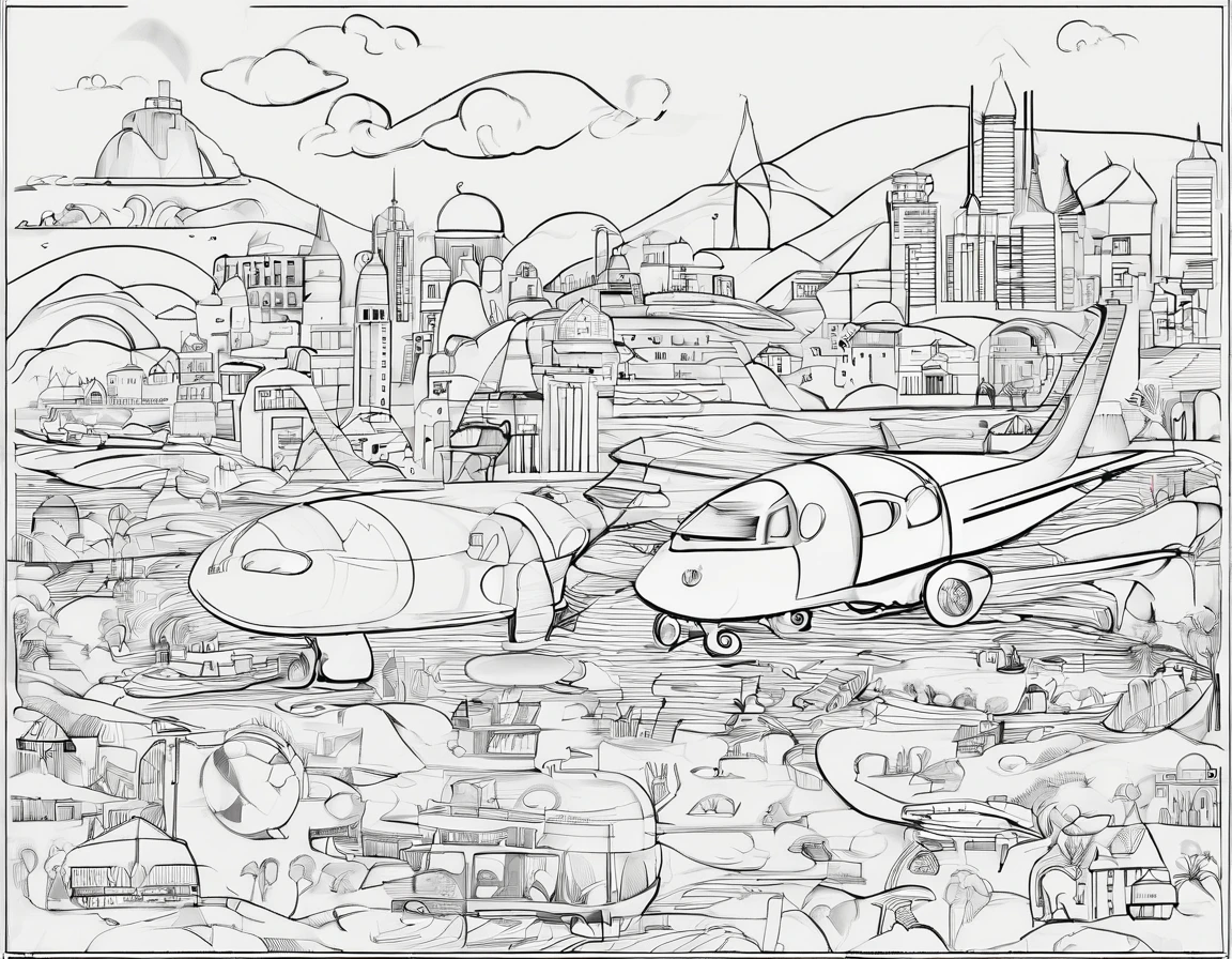 create a doodle art, ball, airplane, google, baby, travelling, clock, stroller, bag pack, "google", cake, camera