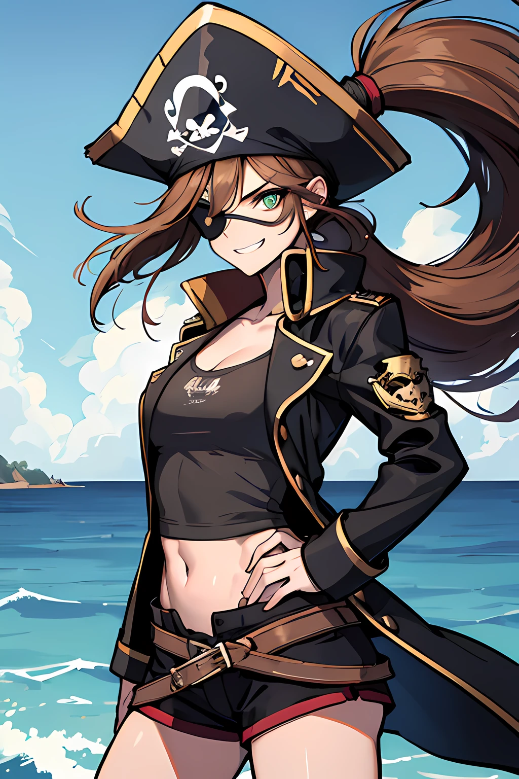 (absurdres, 8k, 4k, masterpiece, hyper extreme detailed:1.2), solo, 1girl, side view, perfect face, 1girl, portrait, looking at viewer, solo, standing, Female, toned body, mature female, medium breasts, pale, brown hair, messy hair, enthusiastic, fun, tomboy, green eyes, swept bangs, pirate, smirk, medium body, tomboy, crazy face, crazy smile, crazy eyes, wind, windy hair, moving hair, pirate hat, pirate outfit, reckless, long hair, adventurous, pirate clothing, cutlass, confident, pirate coat, eyepatch, fearless, expressive, rock, open sea background, rugged, dirty, left hand holding cutlass, right hand on hip, shirt, sword, pirate sword, ocean background, sea background, pirate king,