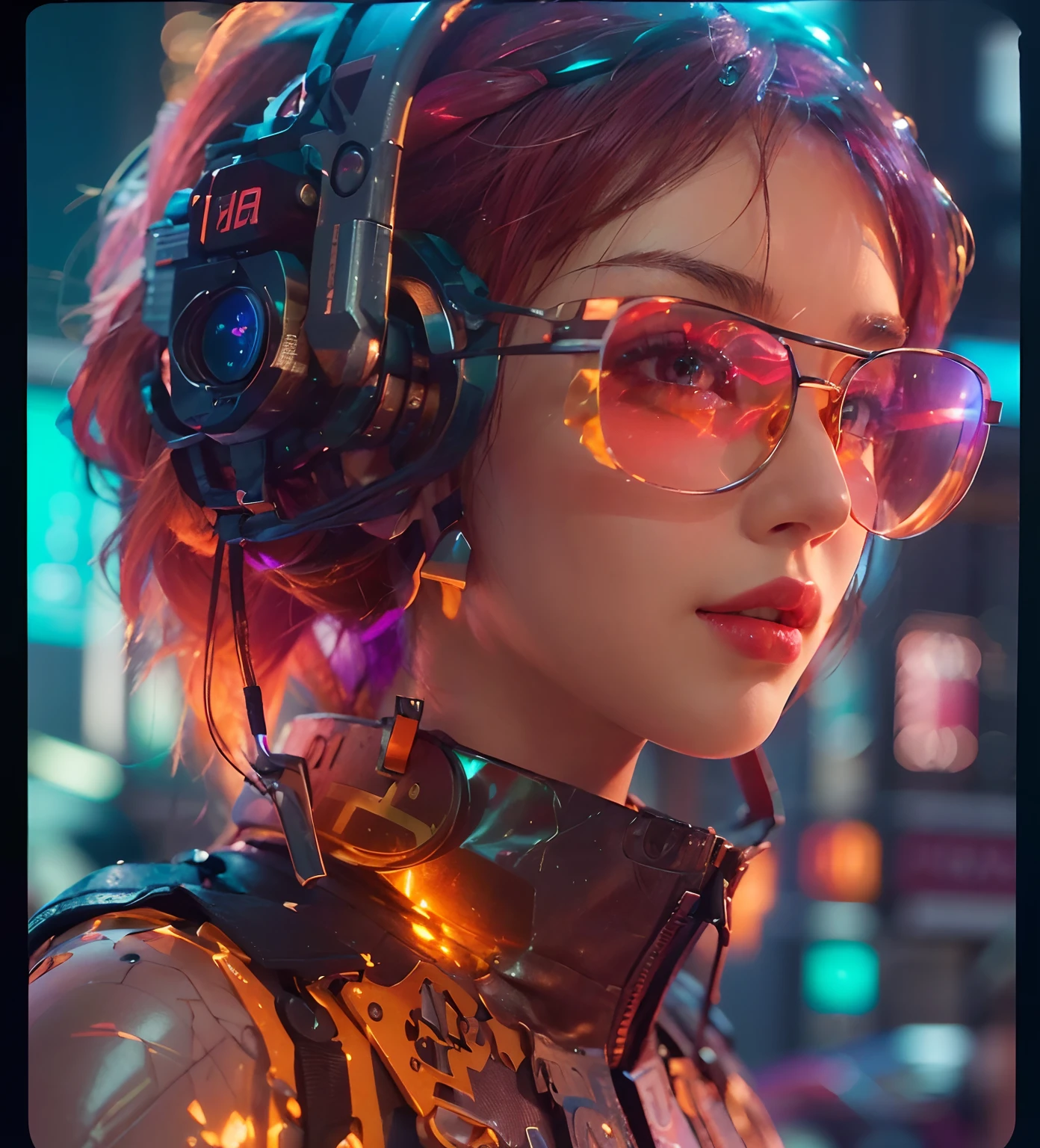 (Highly detailed: 1.2), (Canon EOS R6 Top Quality: 1.2), (8K: 1.0), (emb-rrf-low: 1.0), Detailed Face, Wearing high-tech sunglasses with ultra-detailed eyes and holographic display1.2), (a photo of a, Award-winning: 1.2), (Subsurface diffuser: 1.2), (Subsurface diffuser: 1.2),(Beautiful ultra-detailed cyborg: 1.2), ( Ultra-detailed hair: 1.2), (great body: 1.2), (full - body: 1.2), (Dynamic posture :1.2), neon glow, (detailed cybernetic eyes:1.1), (Hyper-realistic:1.2), RPG, Cyberpunk 2077 Style, dramatic lighting, (Highly detailed futuristic cityscape:1.2), (science-fiction: 1.2), professional portrait photograph, WLOP,Pink-haired,((front facing))