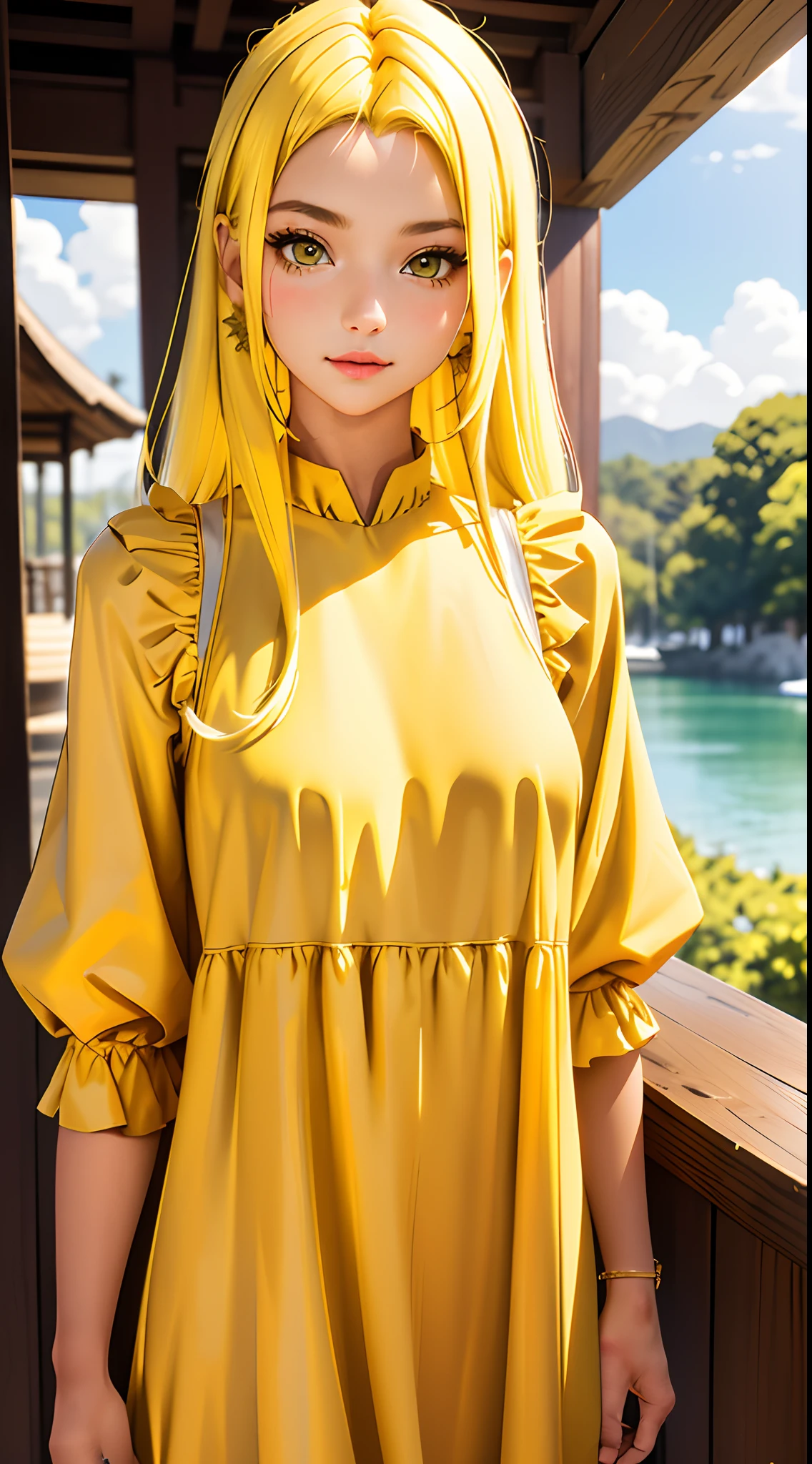 (best quality, ultra-detailed, masterpiece), lovely girl wearing tent dress, extremely cute, cinematic angle, detailed, ((yellow hair)), 18 year old, large breast, long hair