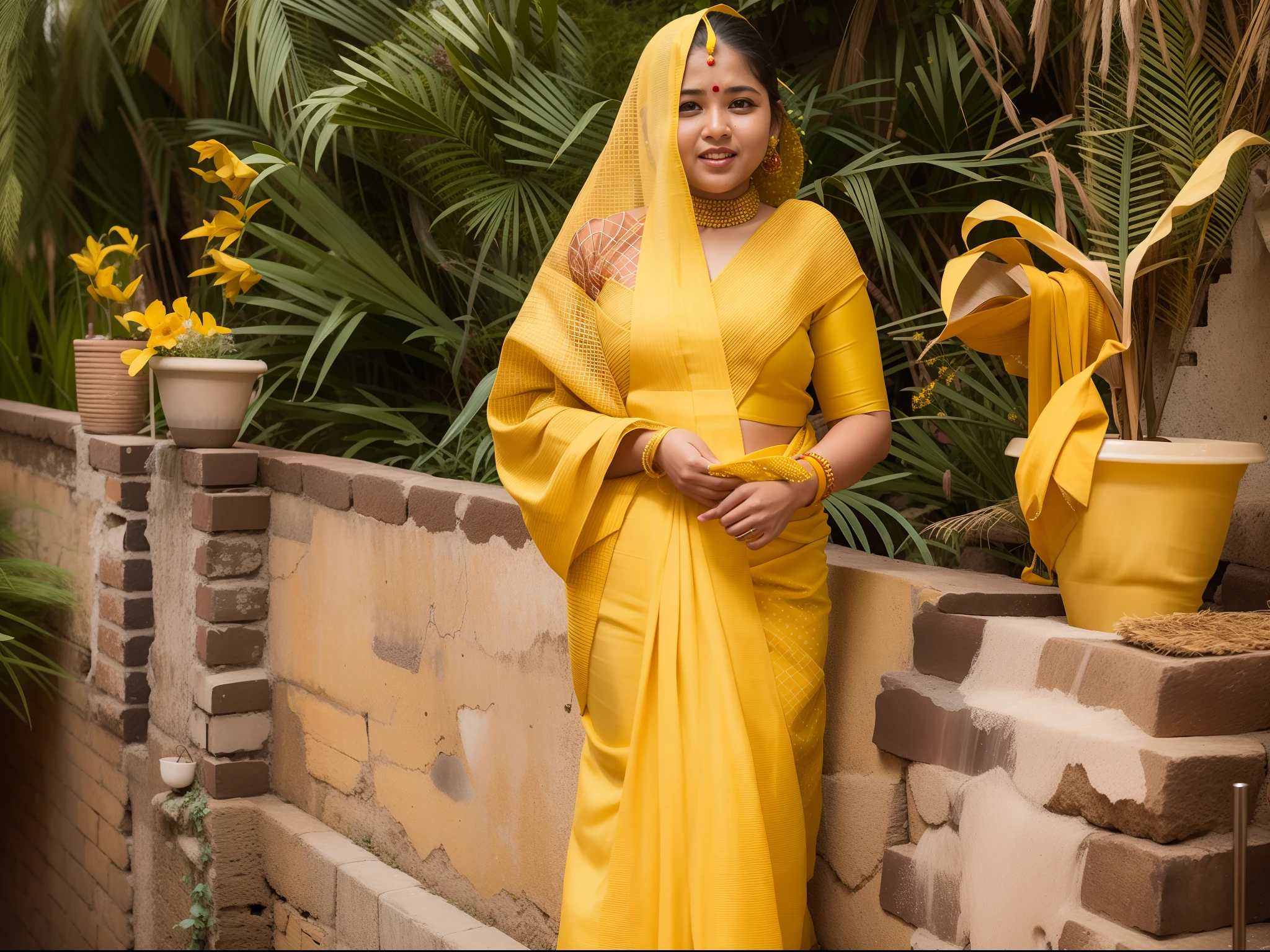 there is a woman standing in a yellow dress by a brick wall, with yellow cloths, wearing bihu dress mekhela sador, lady using yellow dress, dressed in a sari, wearing wheat yellow gauze, wearing a yellow dress, wearing a dress made of water, dressed in a beautiful, idian dress, wearing a sari, wearing traditional garb