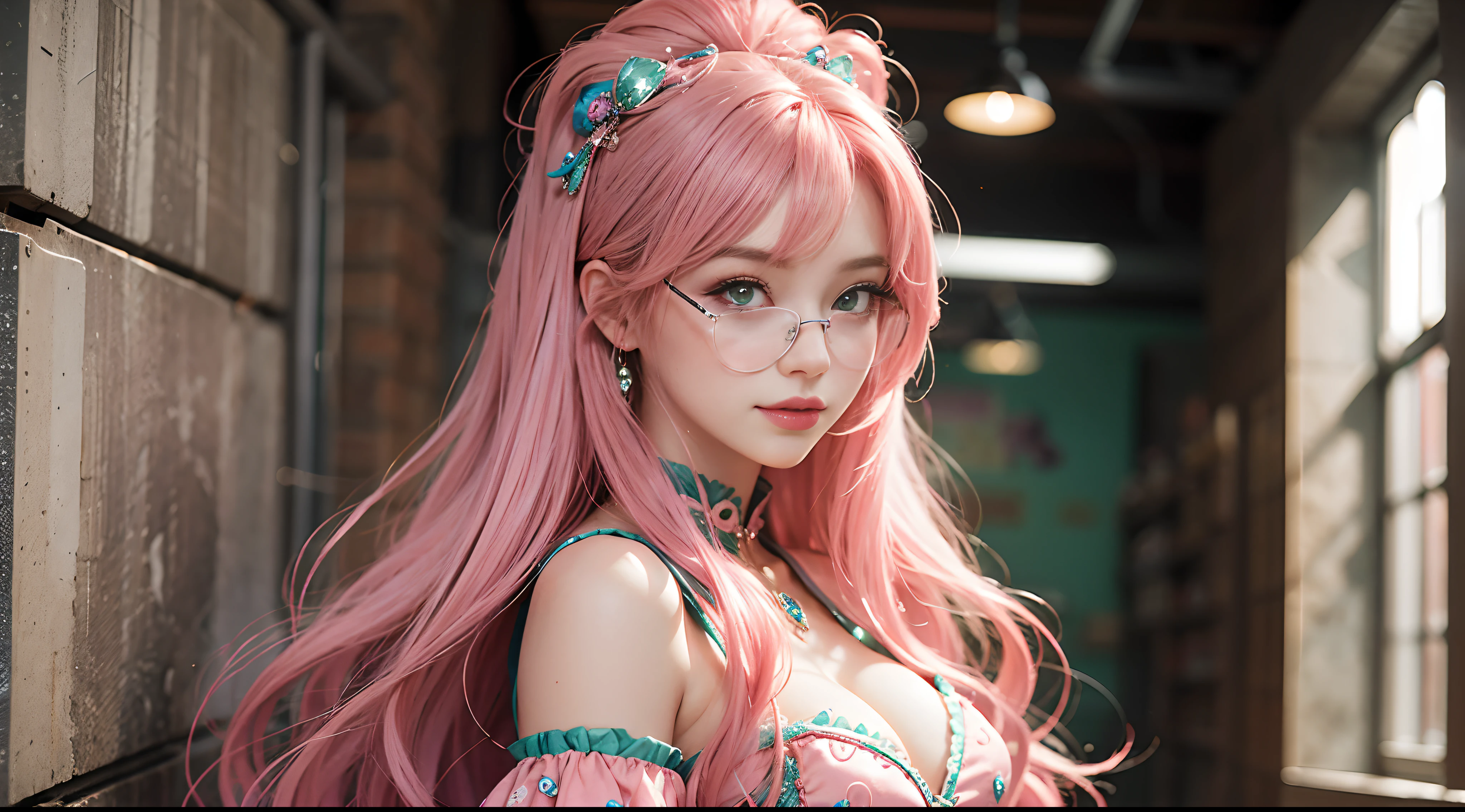 A beautiful woman,All over the body,Long pink hair, Green eyes, Pink glasses wearing a costume of Barbie surreal doll, 8K, Super detail,ssmile,Titillating