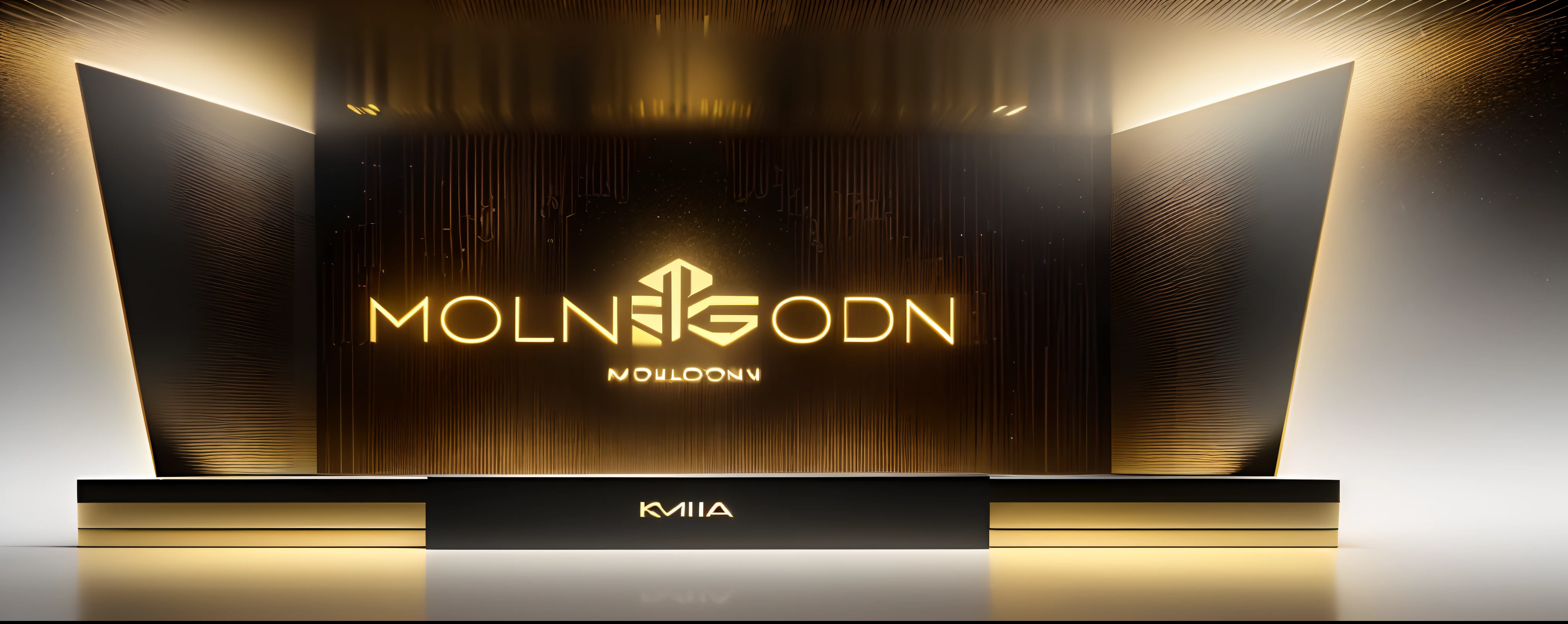 A golden,Modern on black background, International event logo display device, The style is realistic landscape, {gold, dark gray}, Minimalist style, light box, glowing lines, International style, Rendered in Cinema4D, miwa komatsu, 8K, Graphic advertising, High contrast shadows