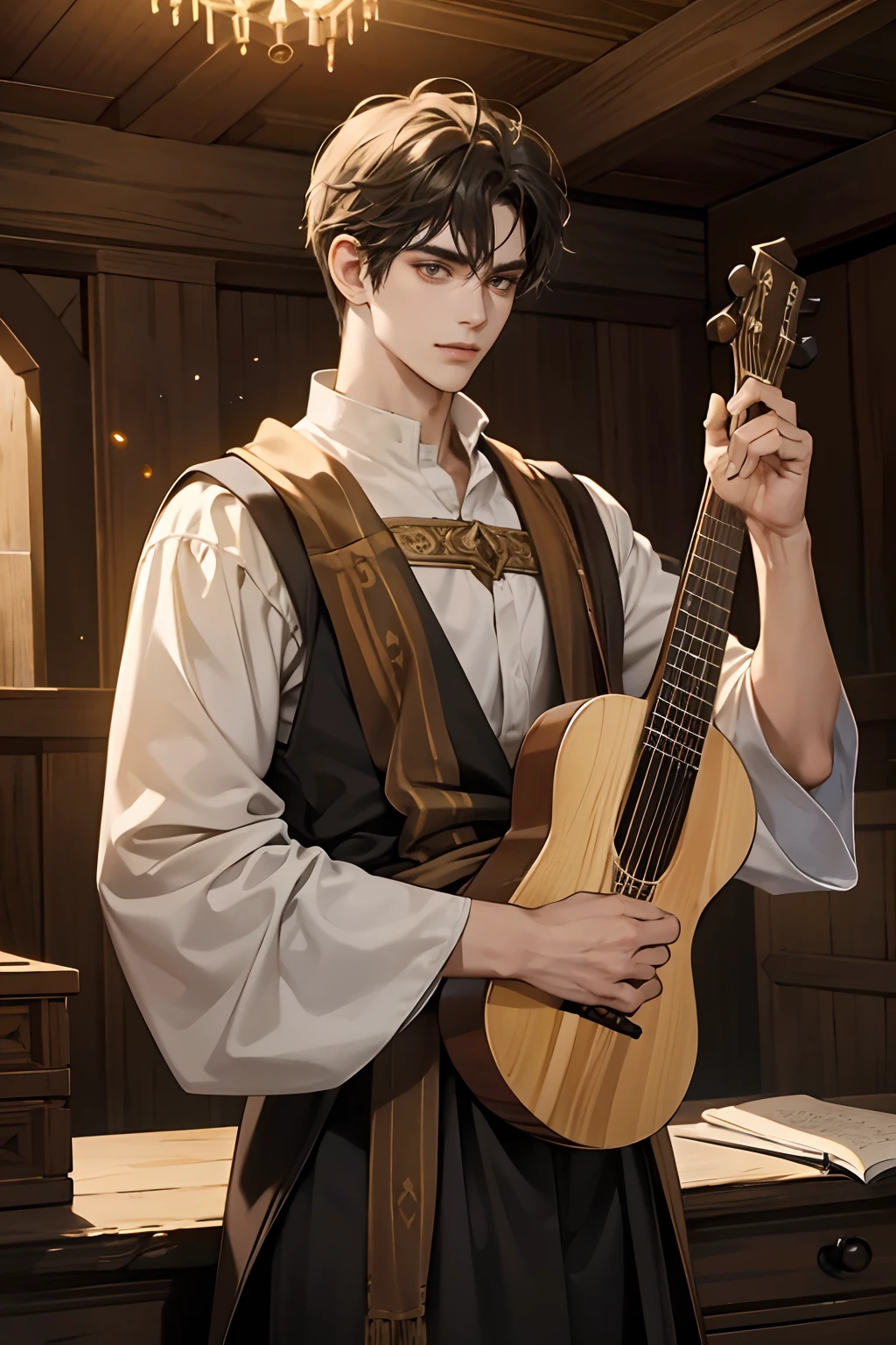 A handsome man,holding a lute, um artista trovador medieval, um artista da era medieval, um bardo elegante para um RPG, uma Arte medieval, He's in a dark wooden room with little light, iluminada por tochas, luz baixa, Exotic warm colors in a mysterious and sexy theme, smile,eyes look at the camera.